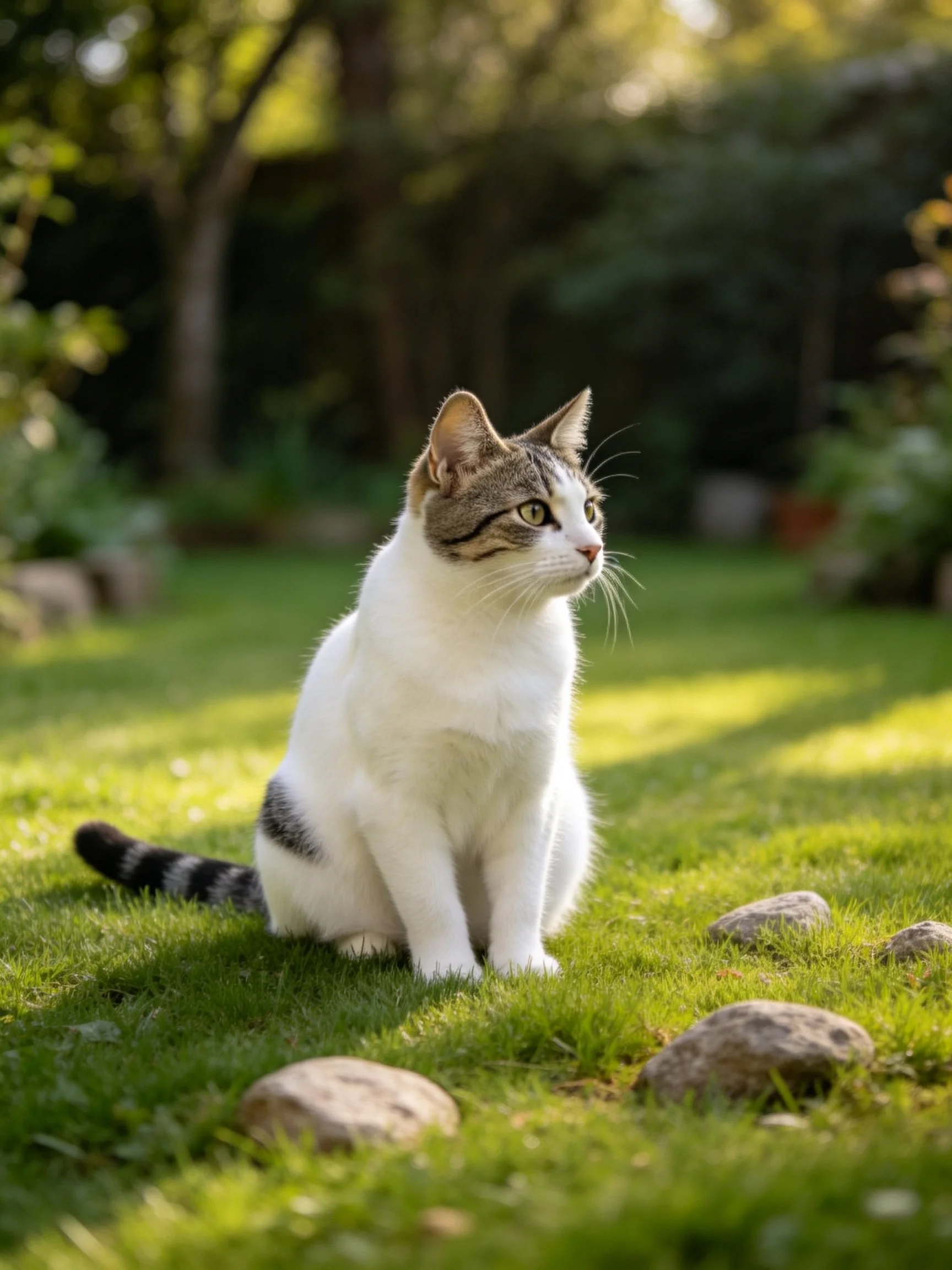 A white and tabby cat sits calmly on grass in a sunlit garden