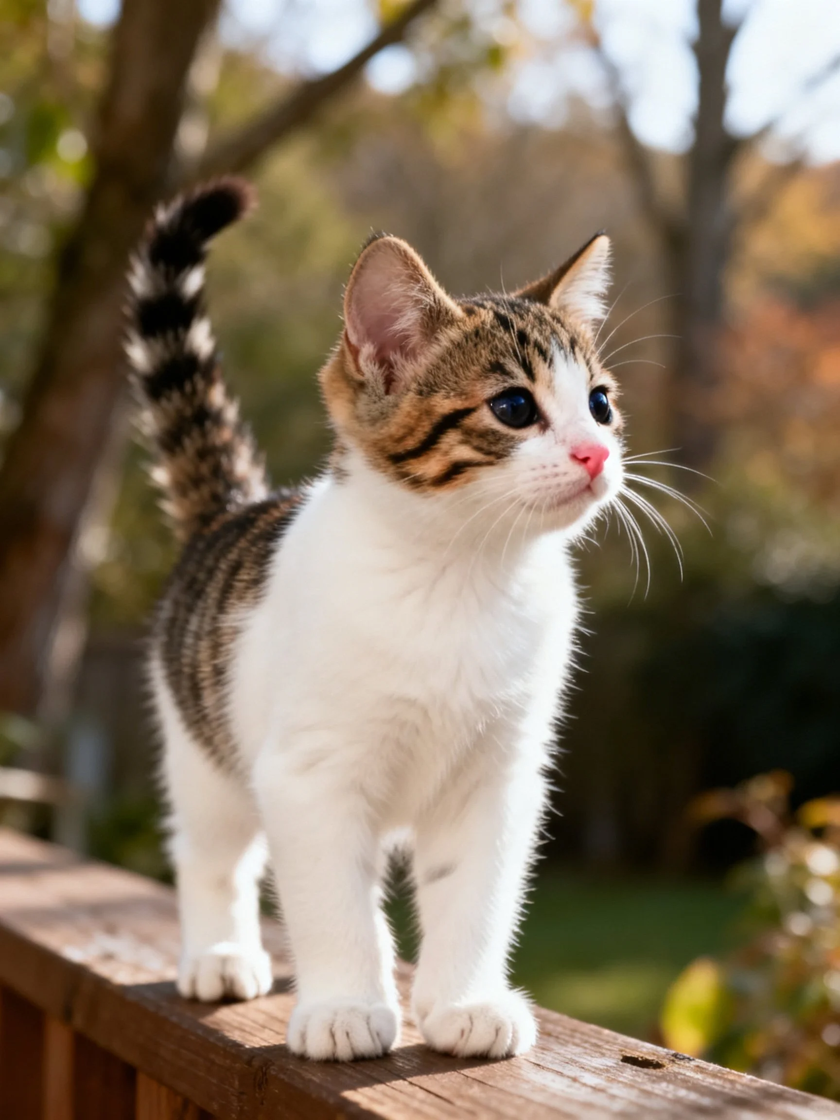 A young white and tabby kitten stands on a wooden deck rail in an outdoor setting.