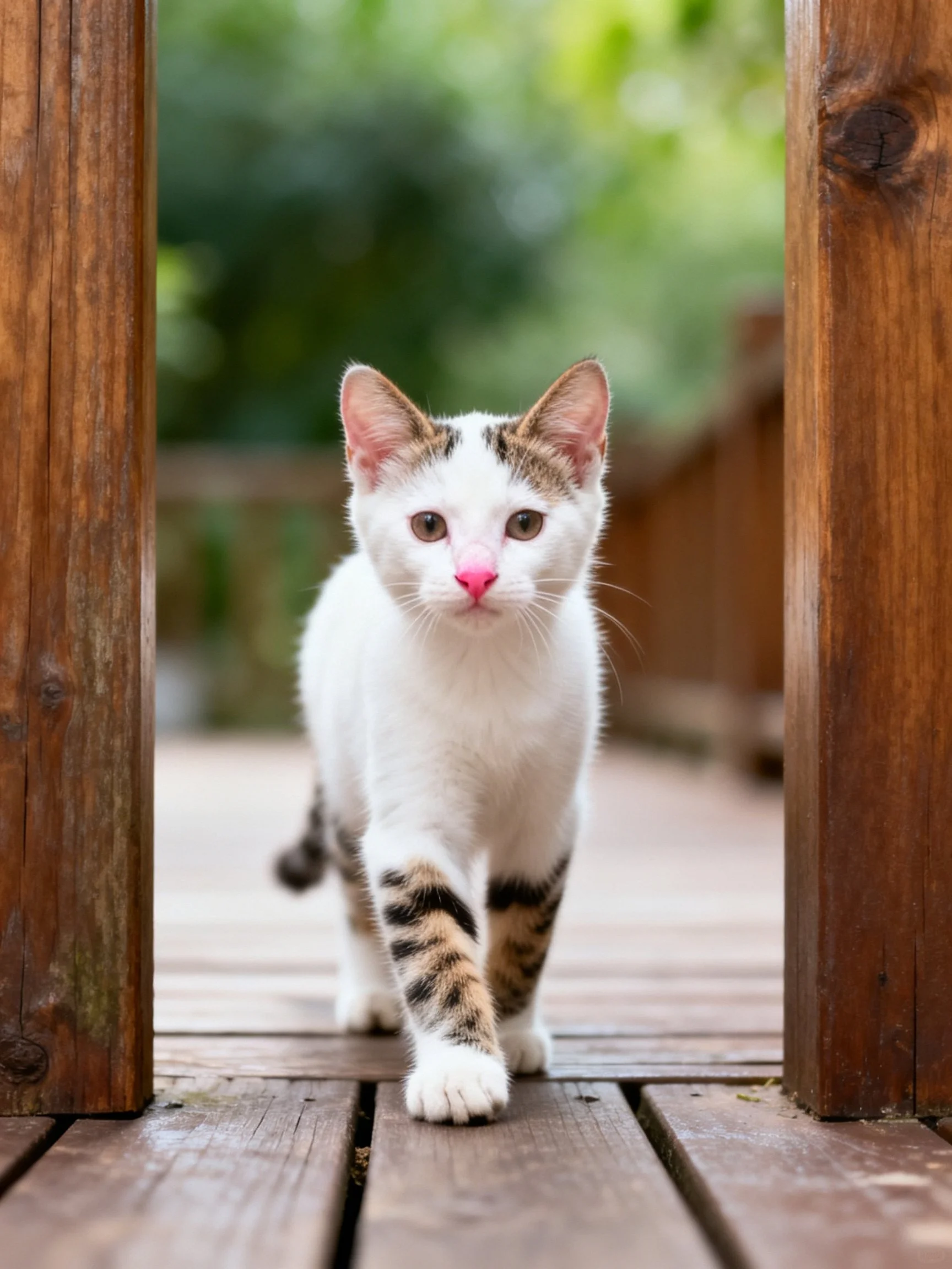A white and tabby kitten walks between wooden posts on an outdoor deck.