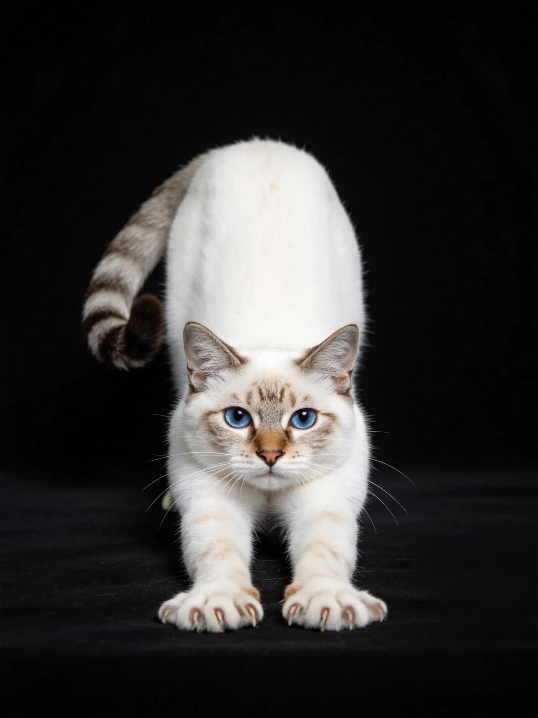 A white and tan cat with bright blue eyes stretches forward on a black surface.