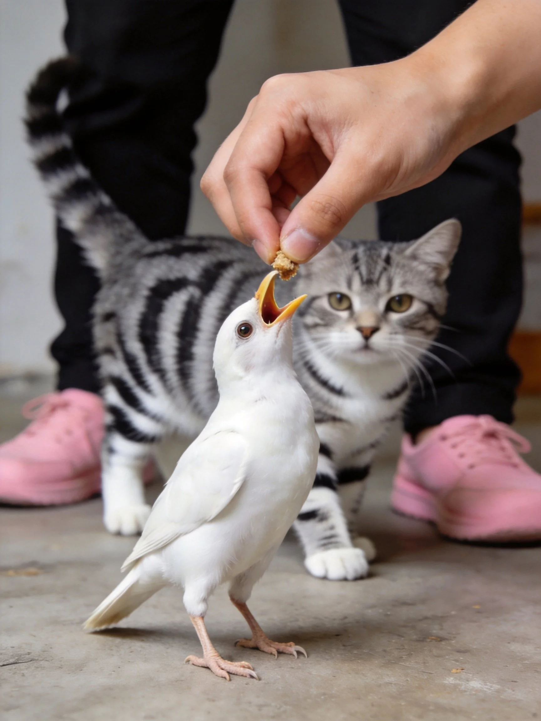 A white bird eating near a gray tabby cat with pink shoes