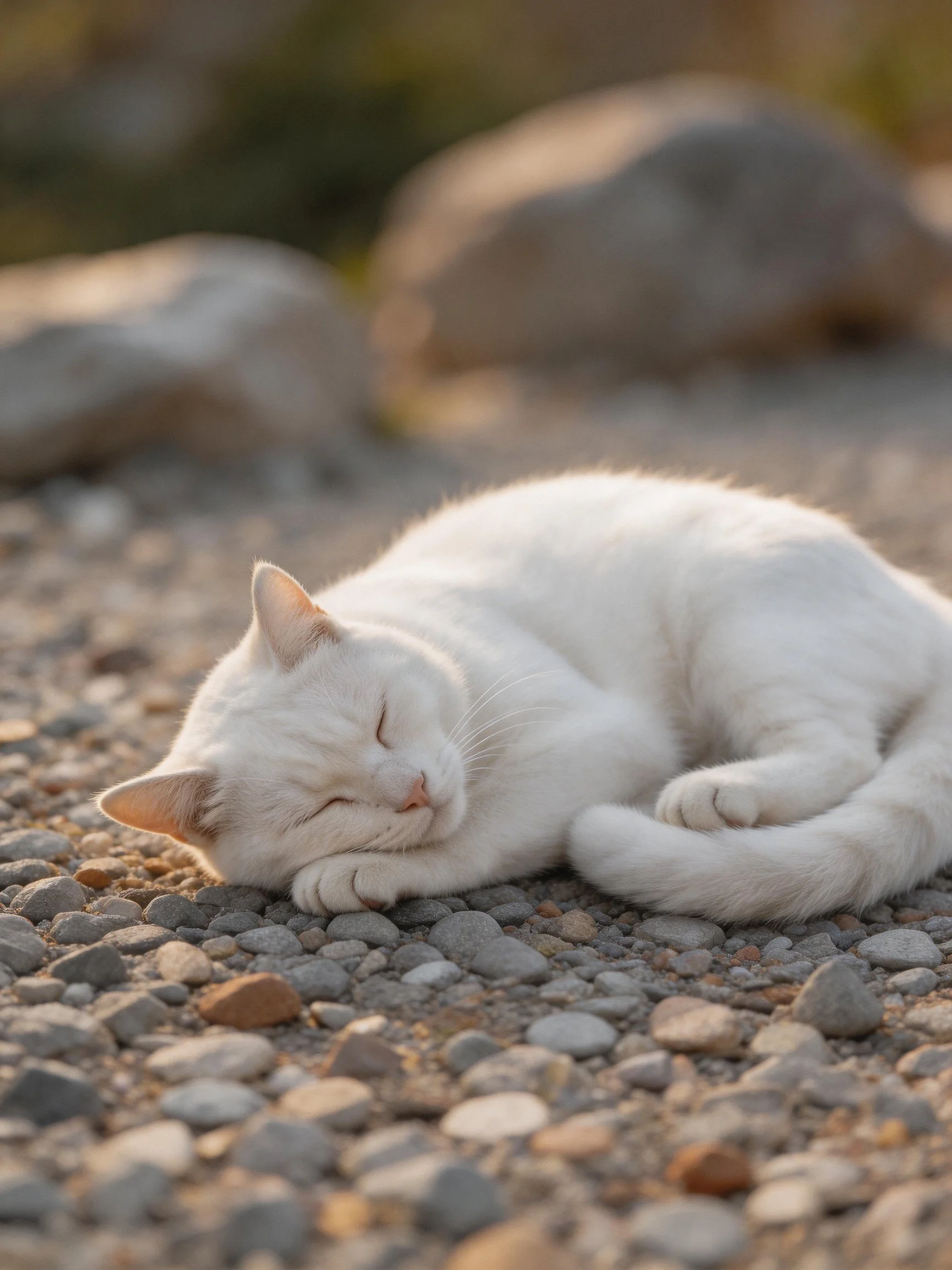 A white cat curls up asleep on a pebbly stone area