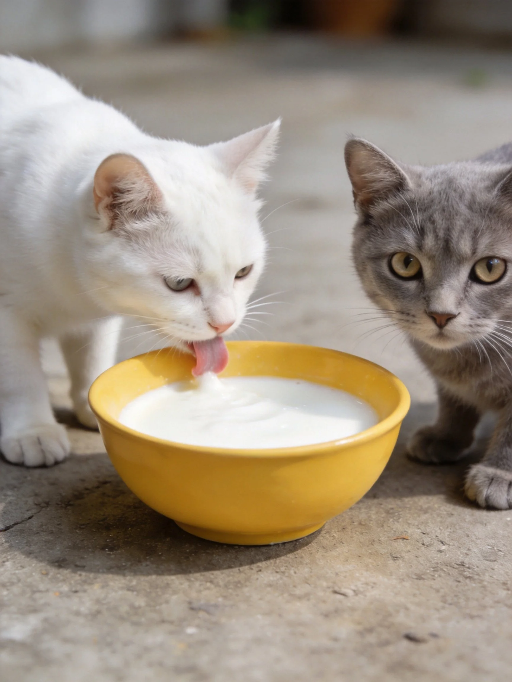 A white cat drinks milk from a yellow bowl beside a gray cat
