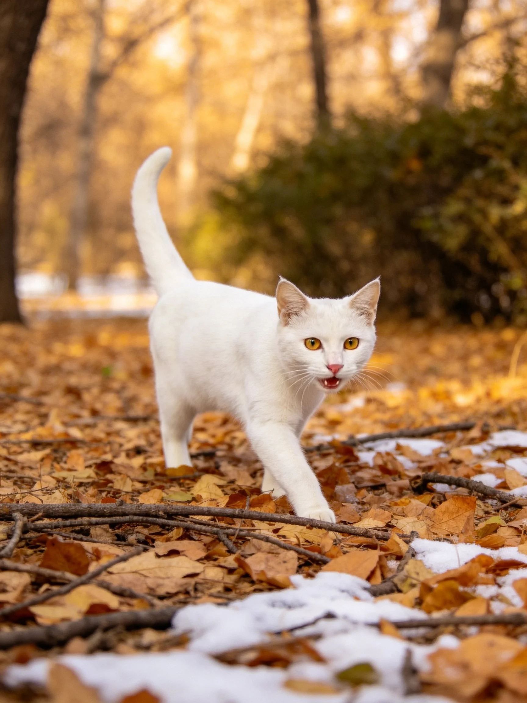 A white cat explores golden autumn leaves with scattered snow