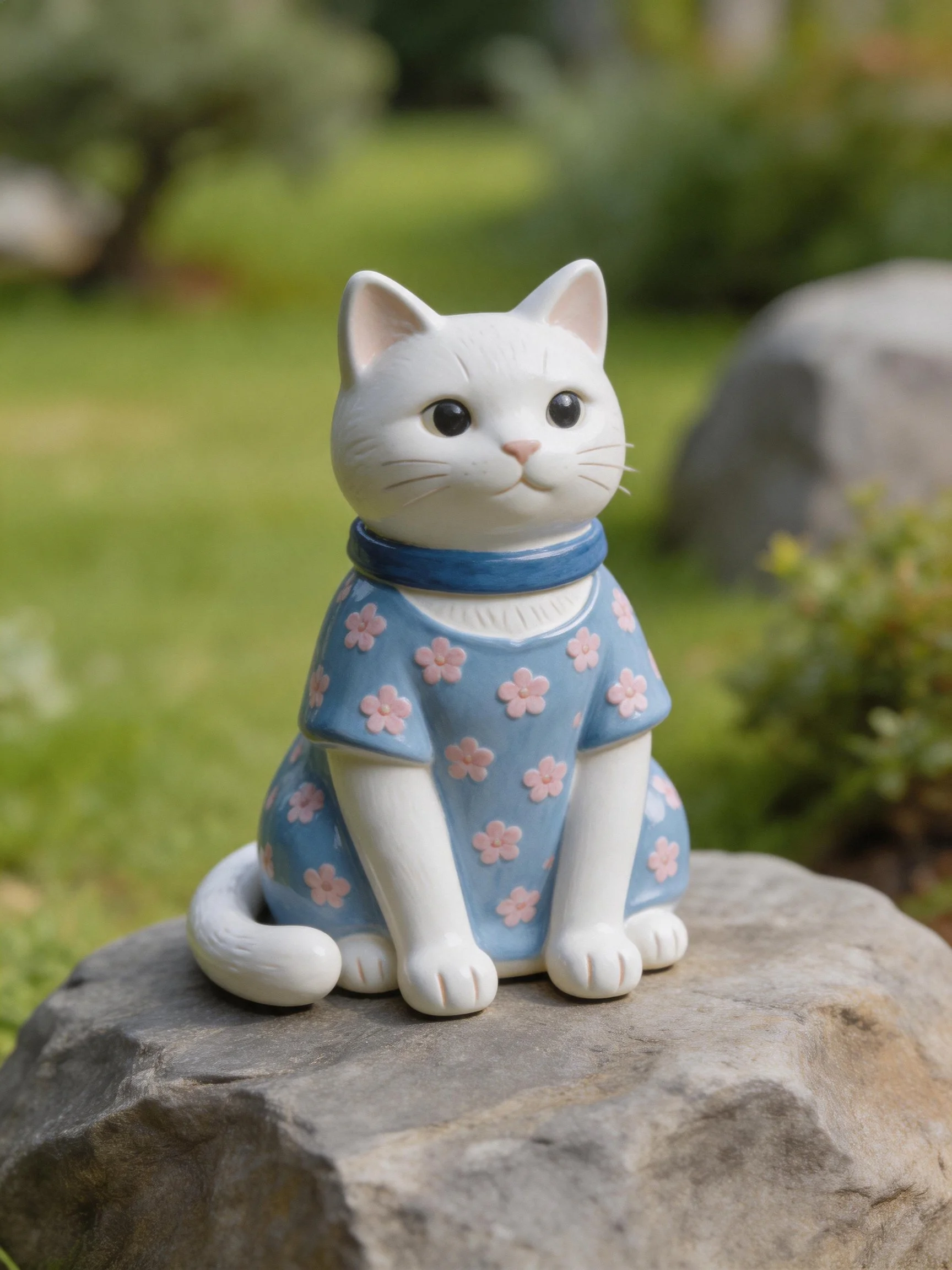 A white cat figurine in a blue floral dress sits on a rock outdoors