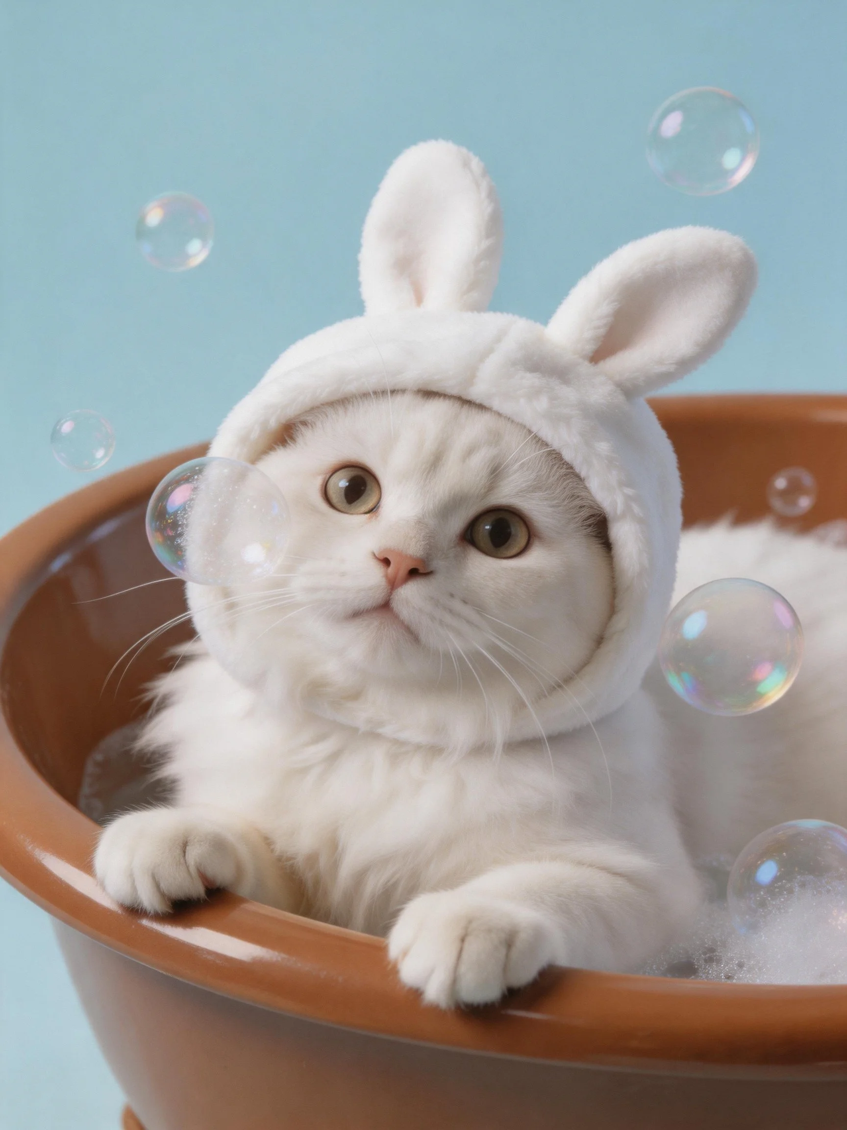 A white cat in a bunny hat bathes in a brown tub with bubbles