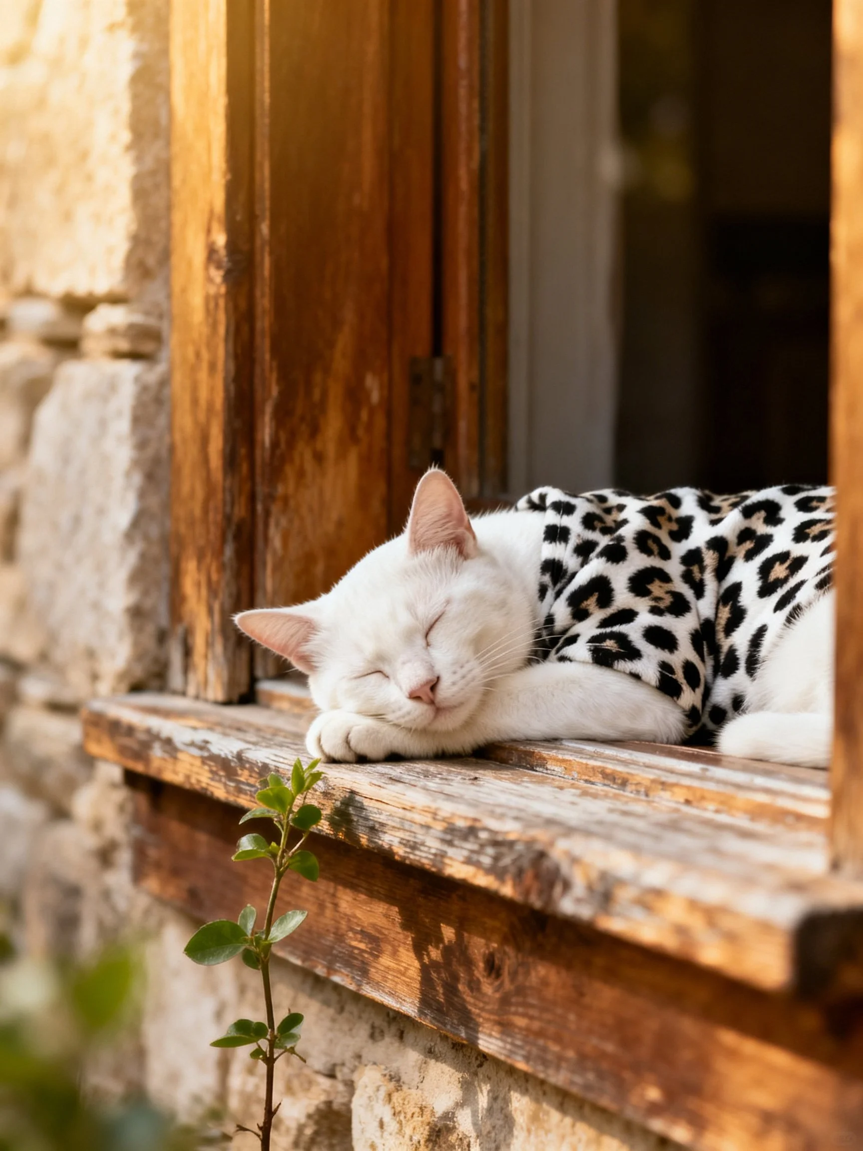 A white cat in a leopard - print outfit rests on a weathered wooden windowsill.
