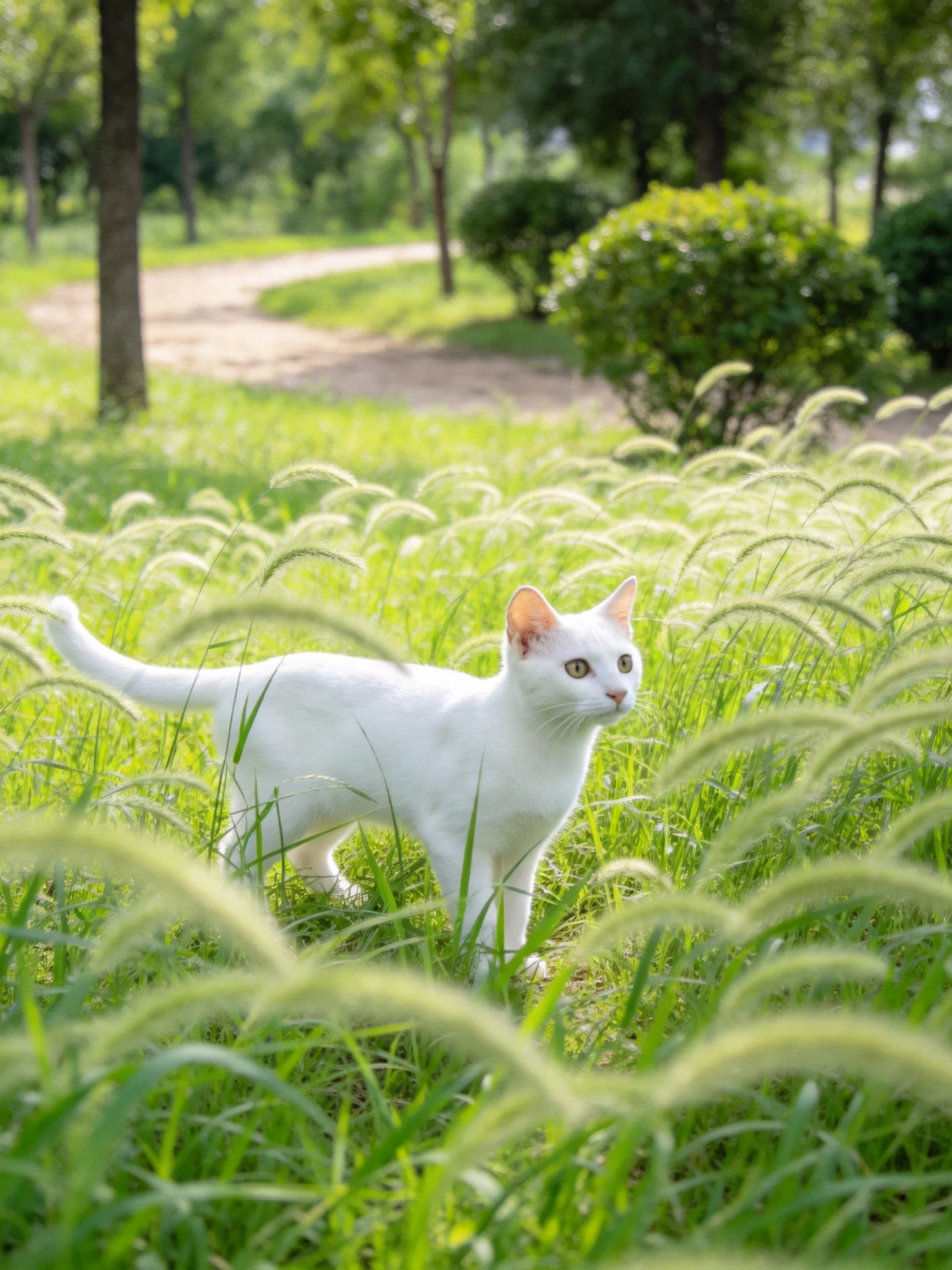 A white cat stands among tall green grass in a sunlit park.