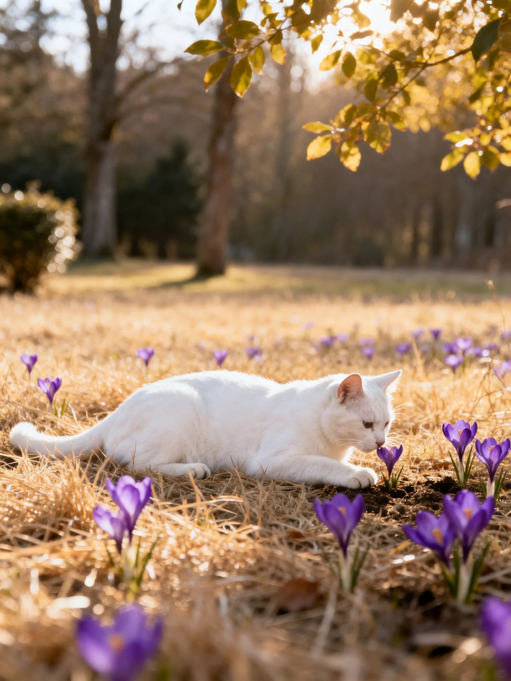 A white cat lies among purple crocus blooms in a sun-dappled park