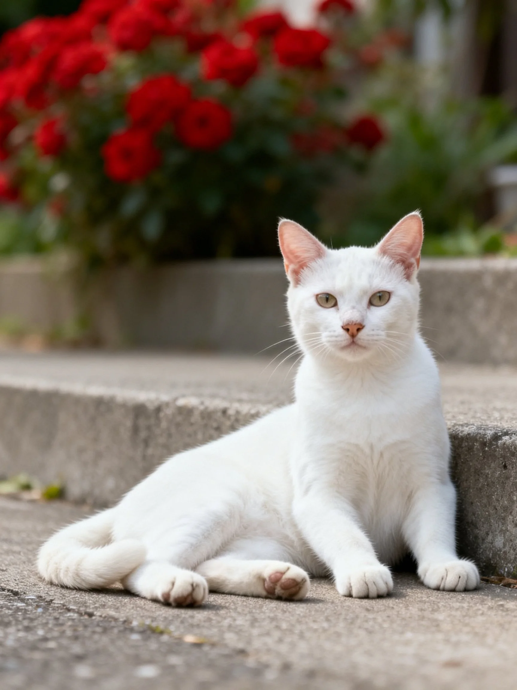 A white cat relaxes near bright red flowers on weathered concrete steps.