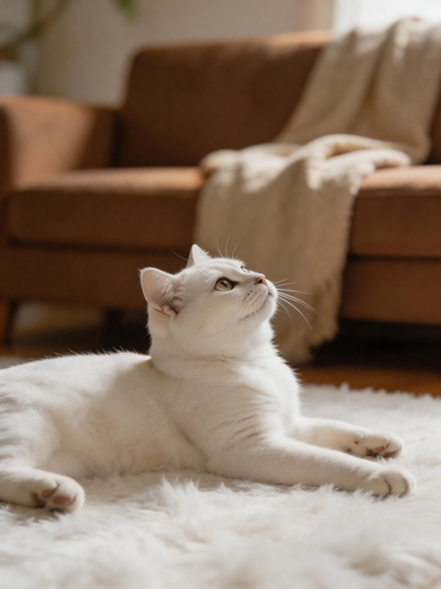 A white cat lounges on a fluffy rug near a brown sofa with a draped throw.