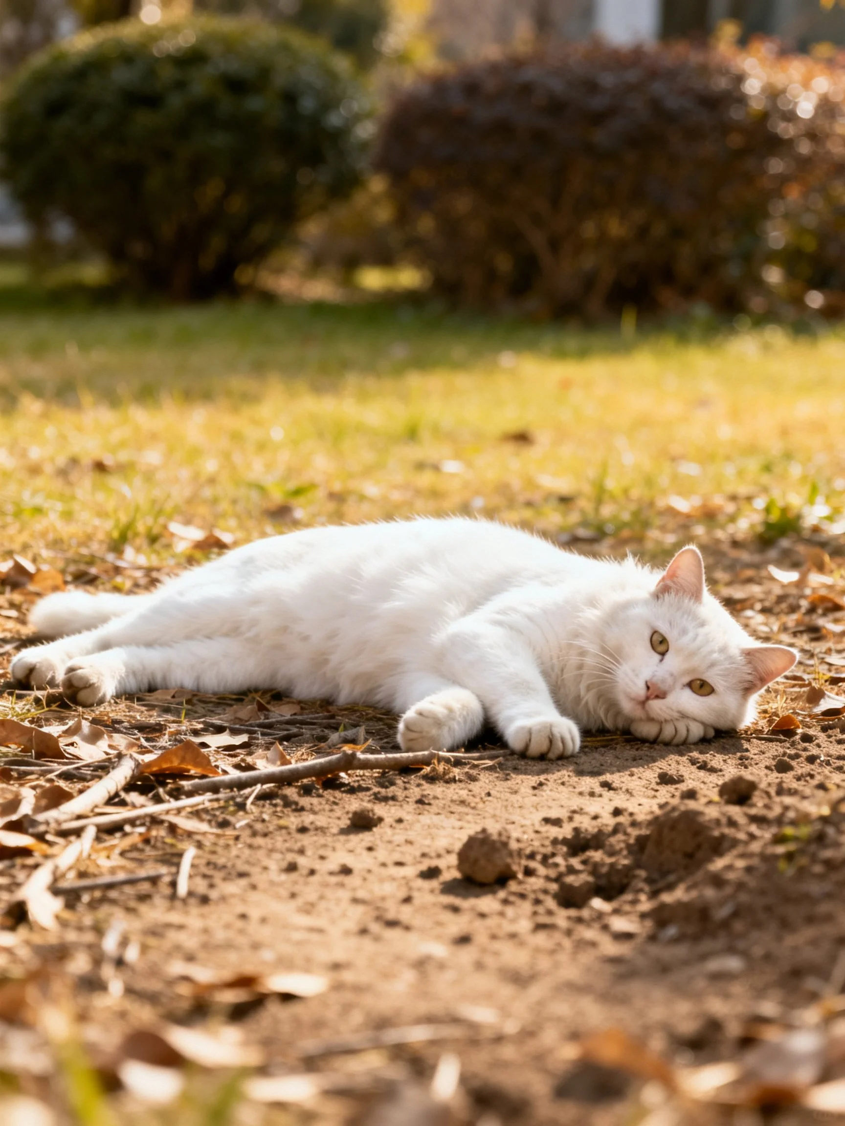 A white cat relaxes on a leafy dirt area with bushes in the distance.