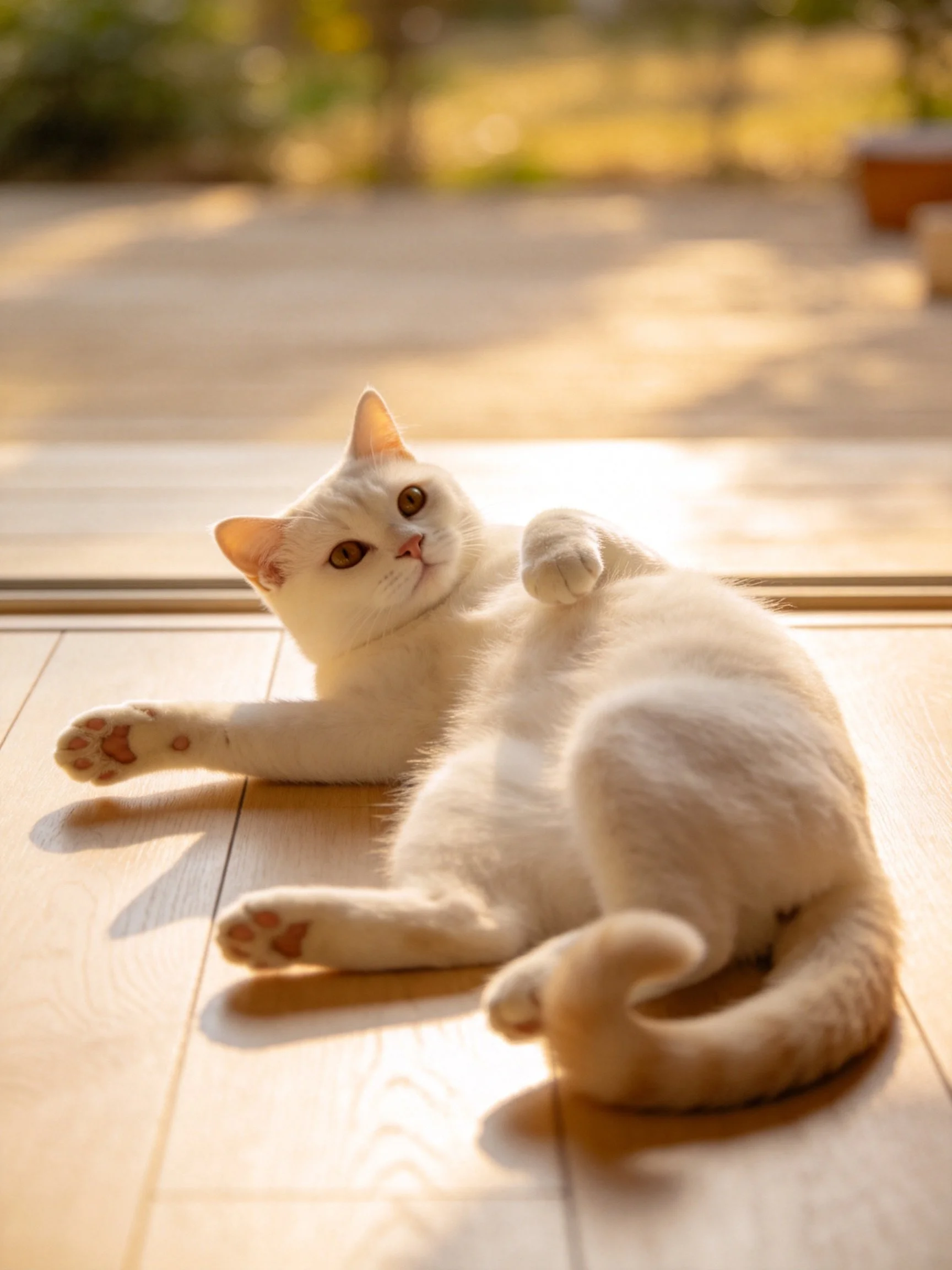 A white cat lounges on a wooden floor bathed in golden sunlight