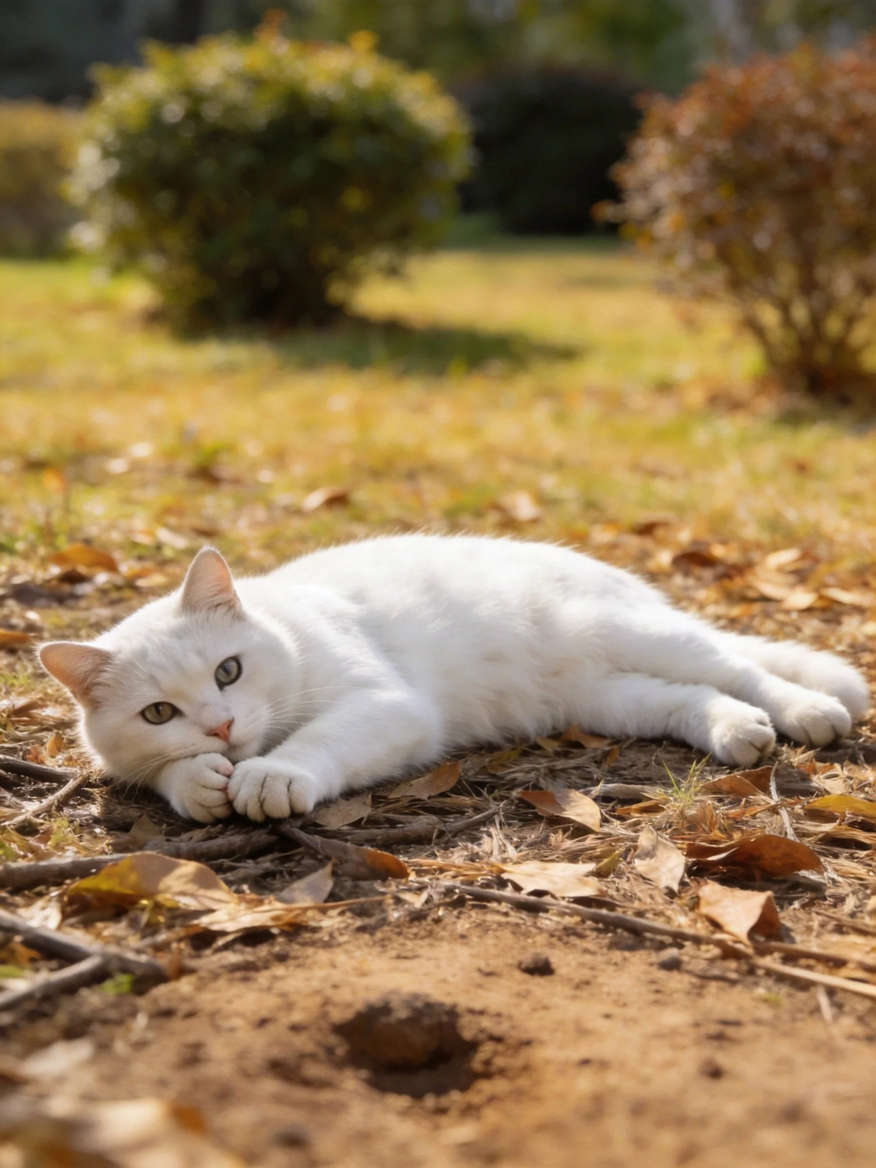 A white cat lounges on dry leaves in a sunlit outdoor area