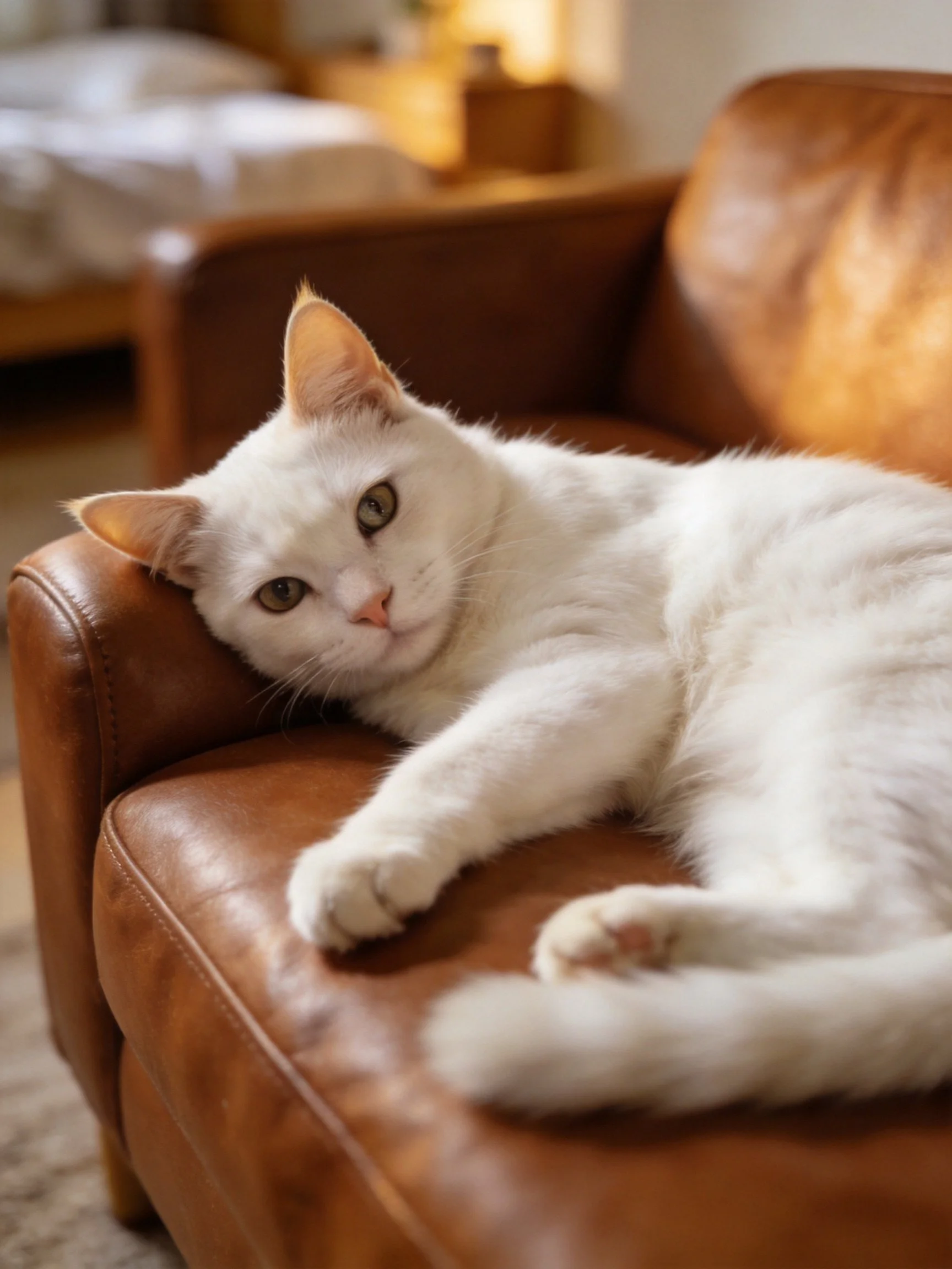 A white cat lounging on a brown leather armchair