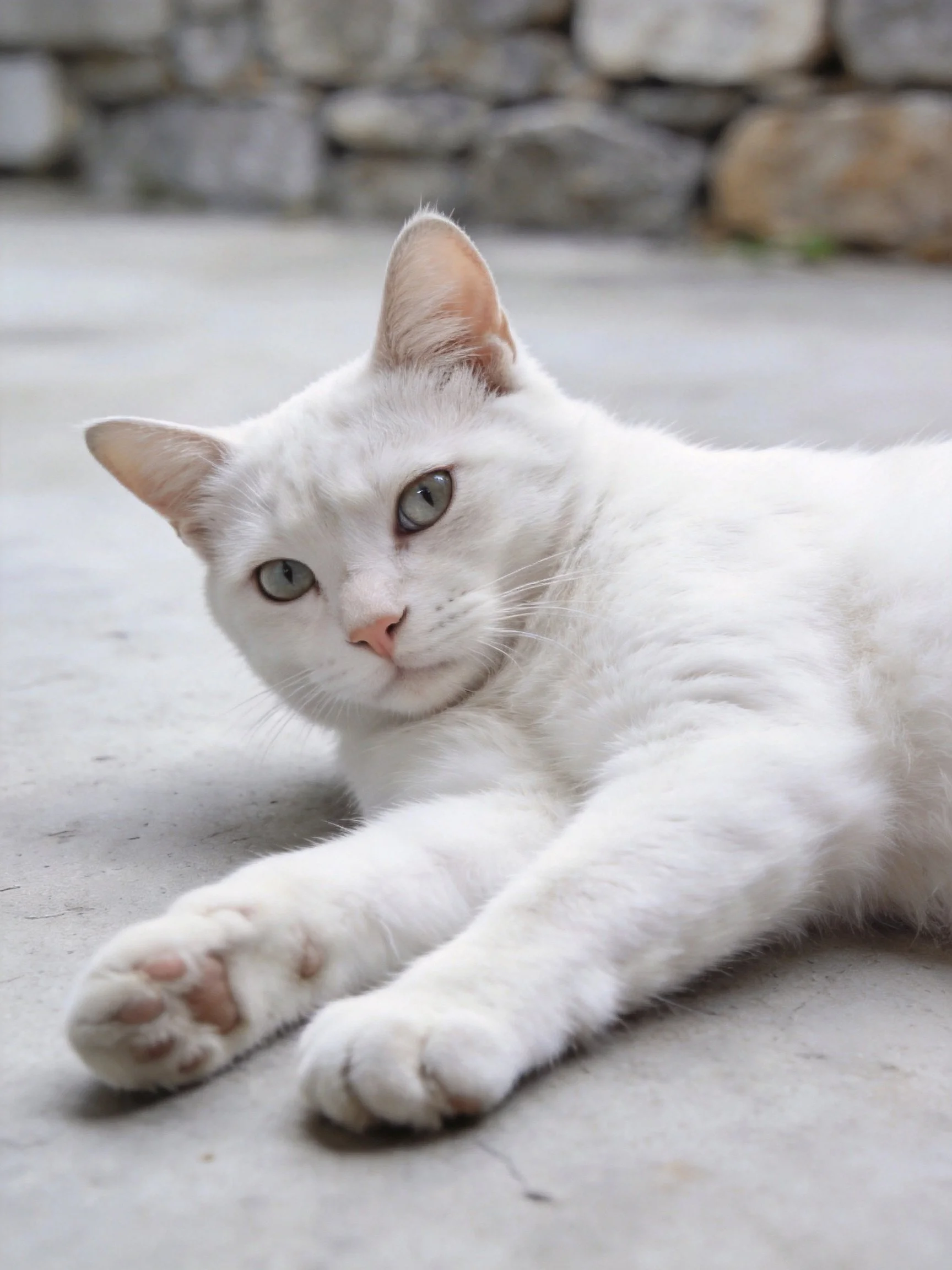 A white cat lounging on a smooth concrete surface near a stone wall