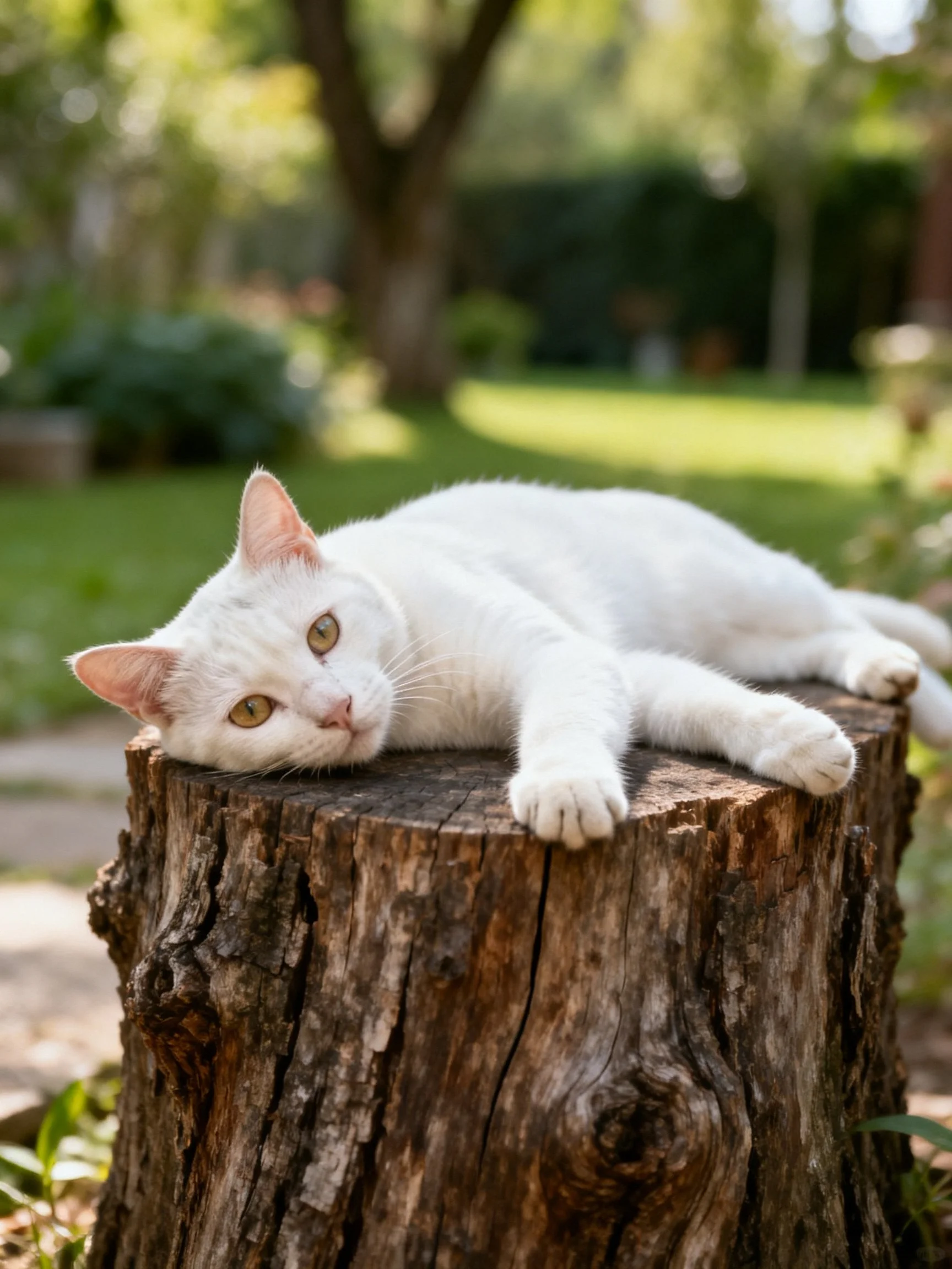 A white cat lounging on a weathered tree stump in a sunlit garden