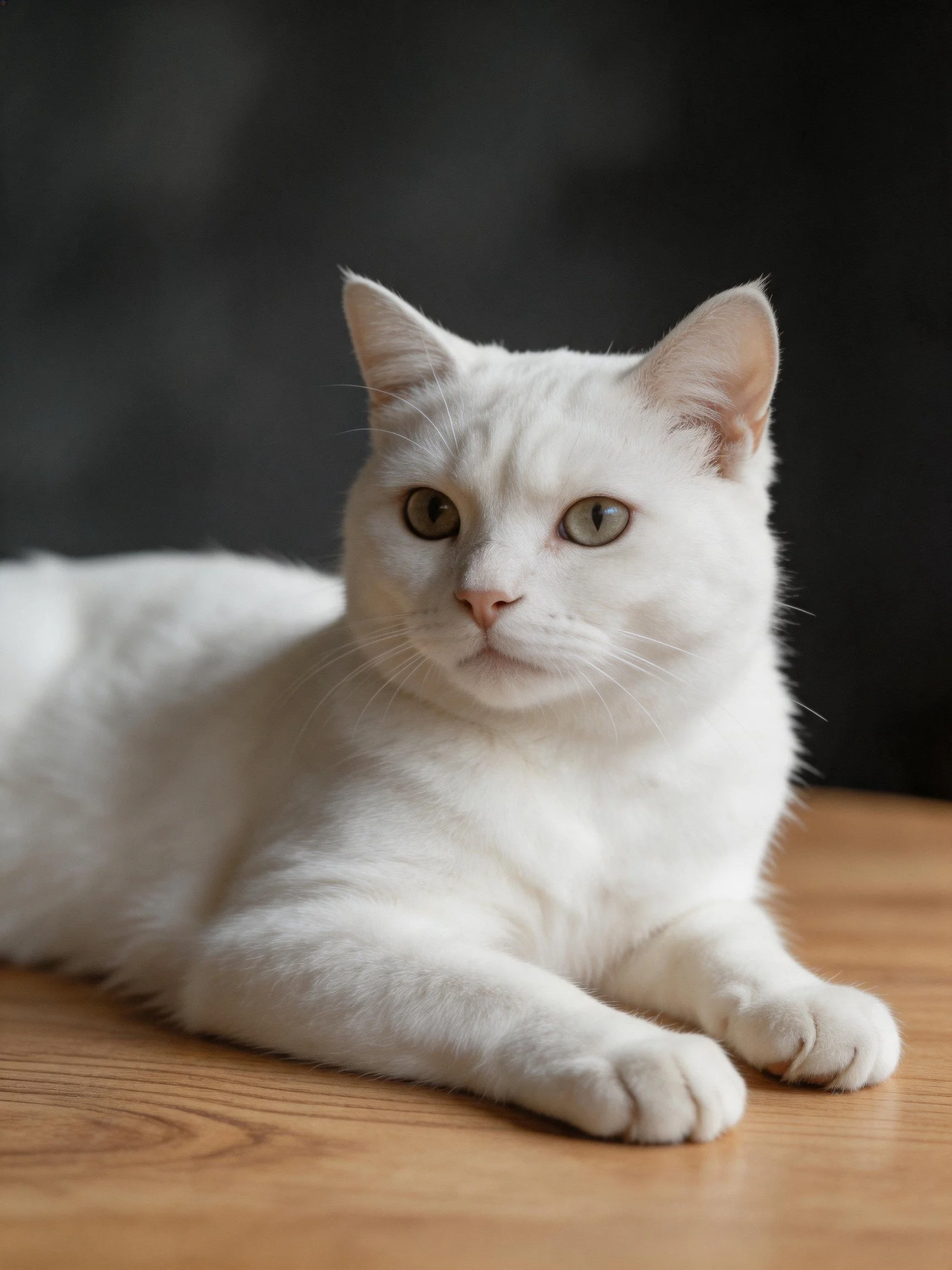 A white cat lounging on a wooden surface with a dark backdrop