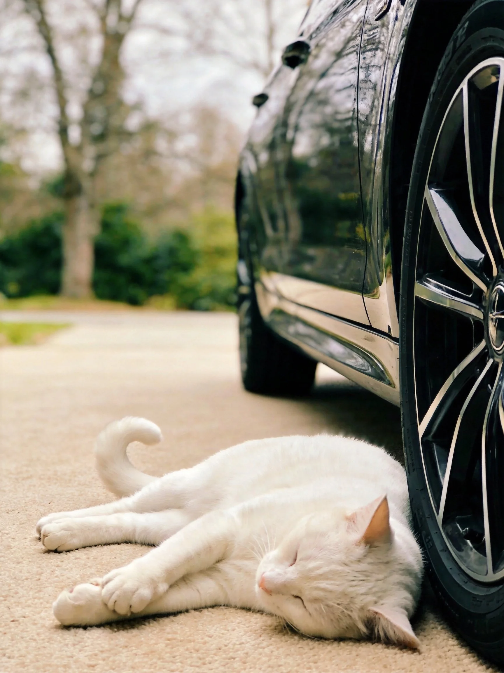 A white cat napping beside a sleek black car tire