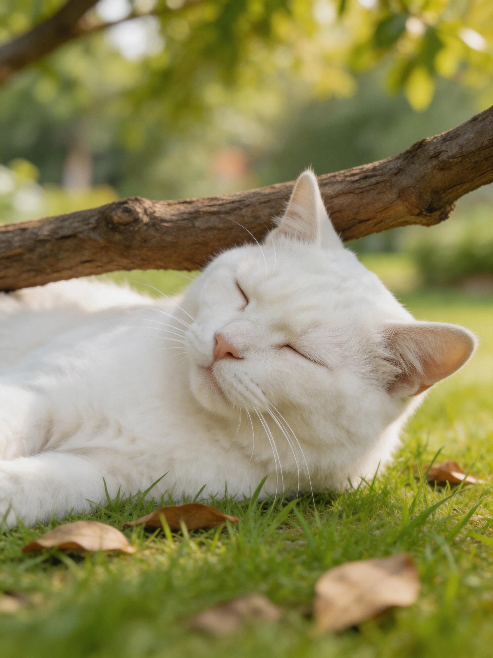 A white cat napping near a brown tree branch on green grass