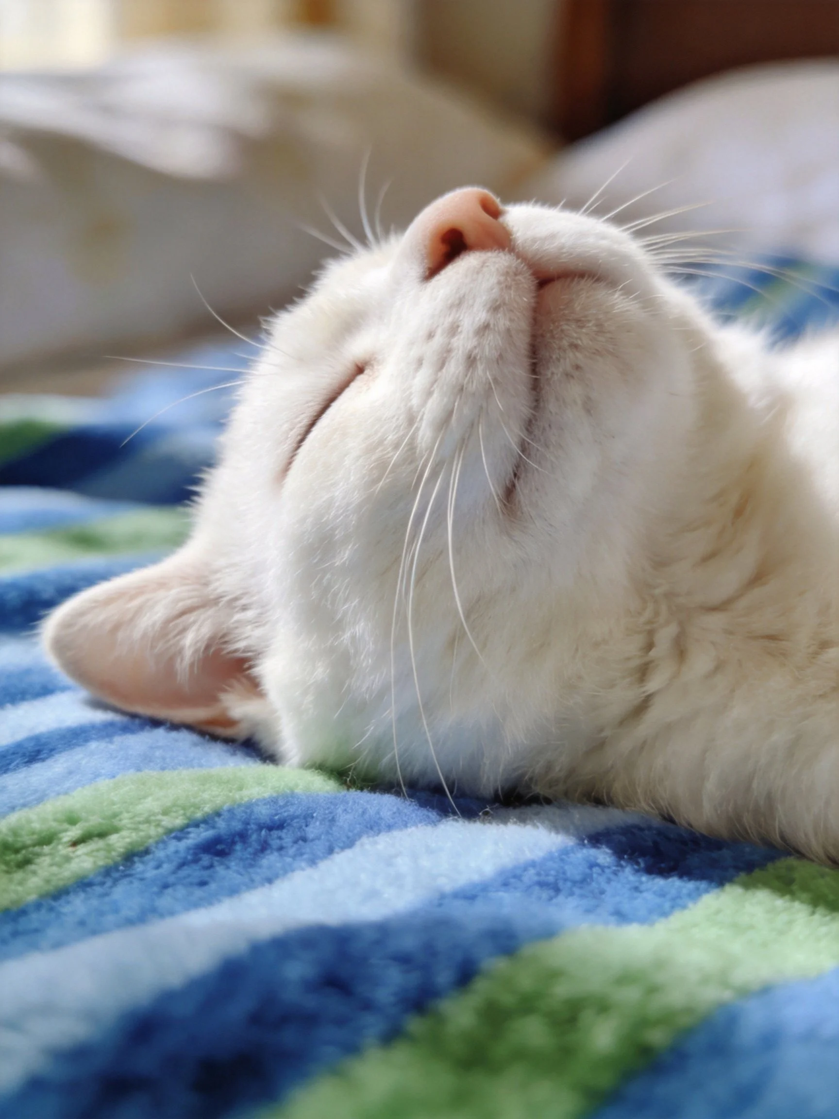 A white cat napping on a blue-green striped blanket