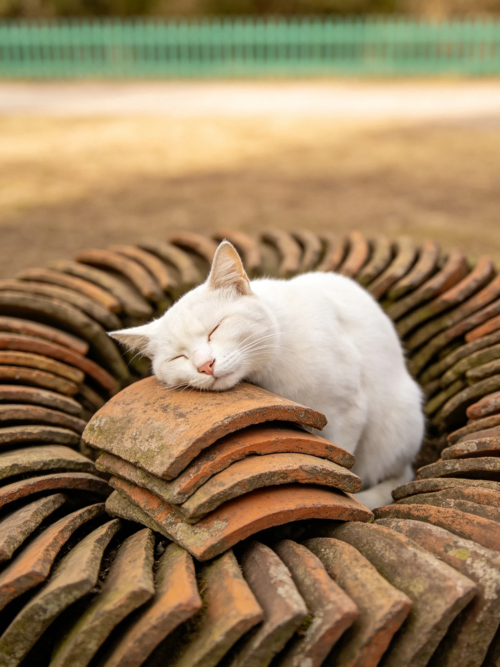 A white cat napping on stacked terracotta tiles in an outdoor setting