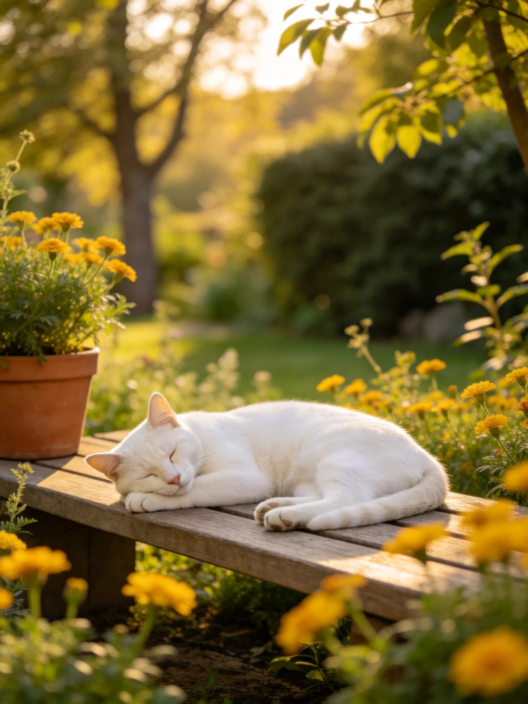 A white cat naps on a wooden bench amid yellow blooms in a sunlit garden