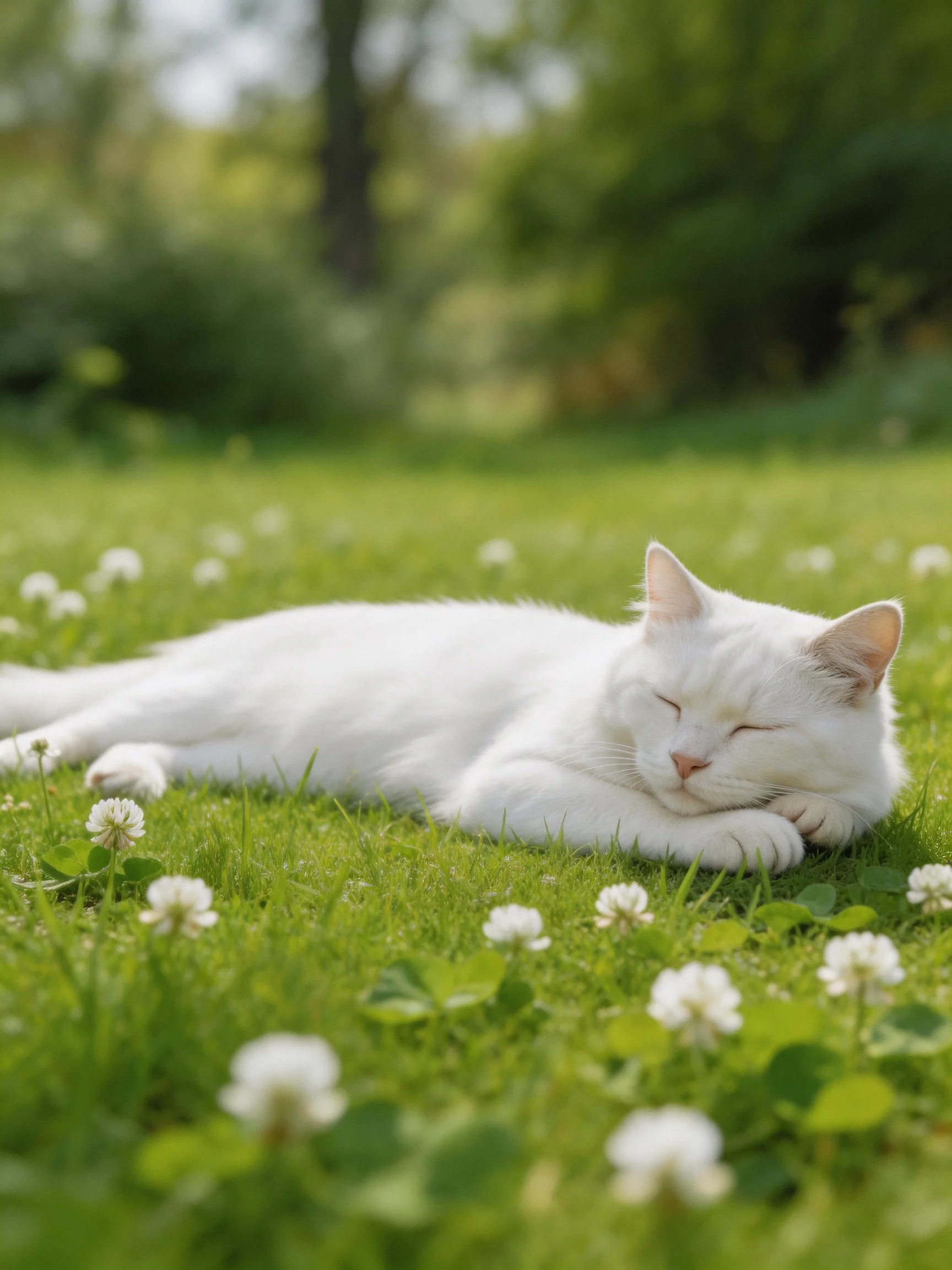 A white cat naps on lush green grass with small white flowers