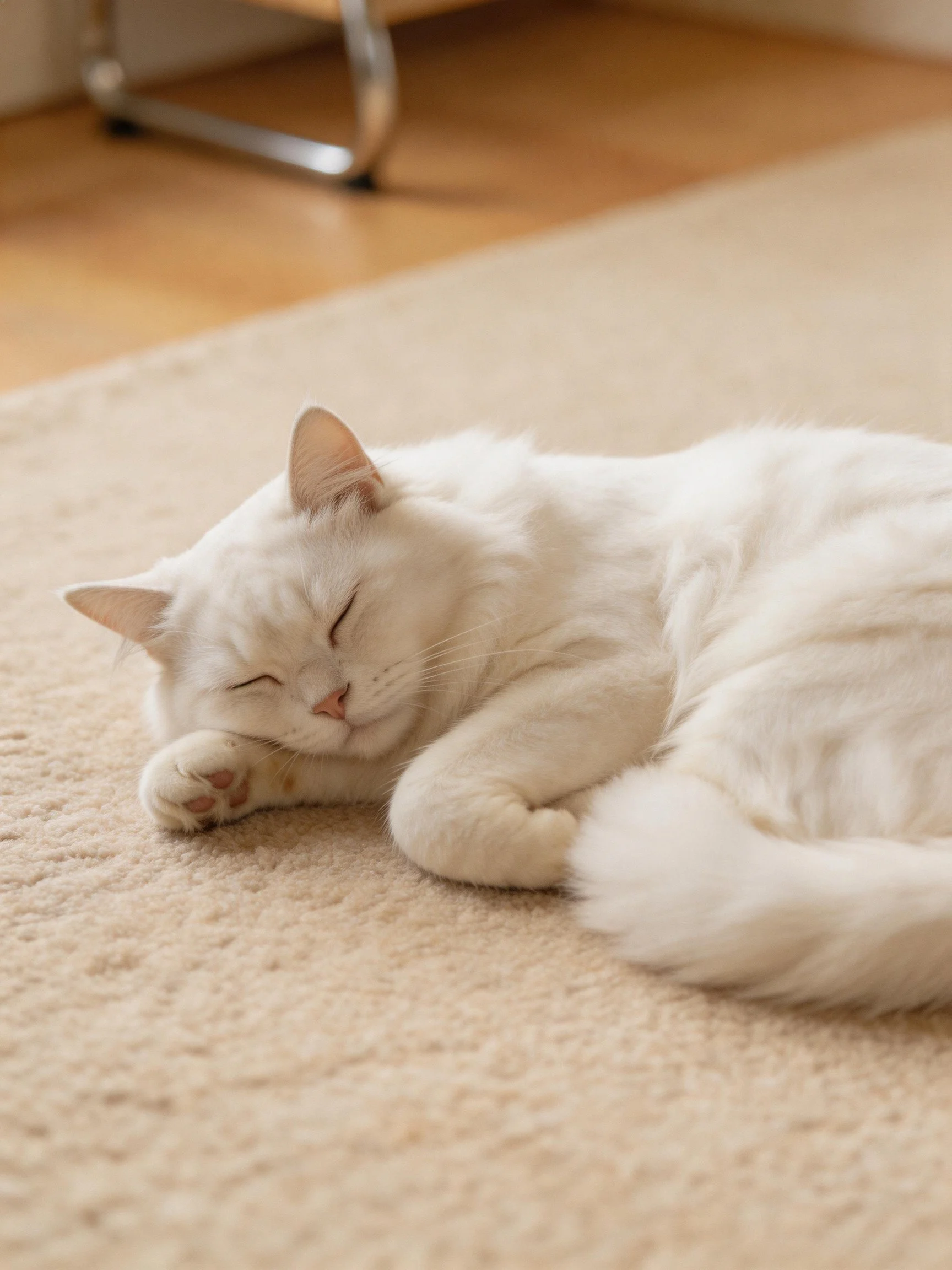 A white cat peacefully sleeps curled up on a soft beige carpet