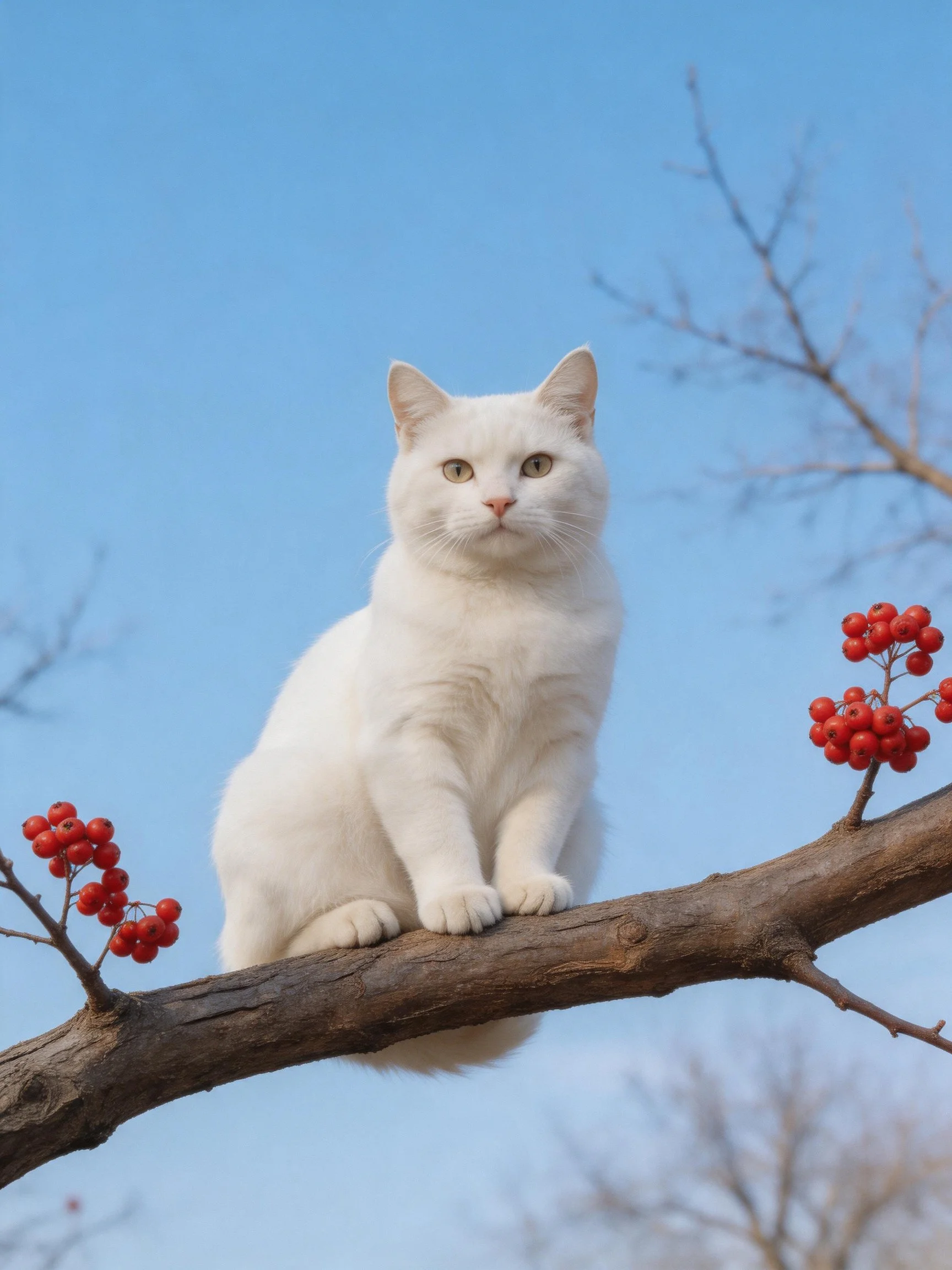 A white cat perched on a branch with red berries against a clear blue sky