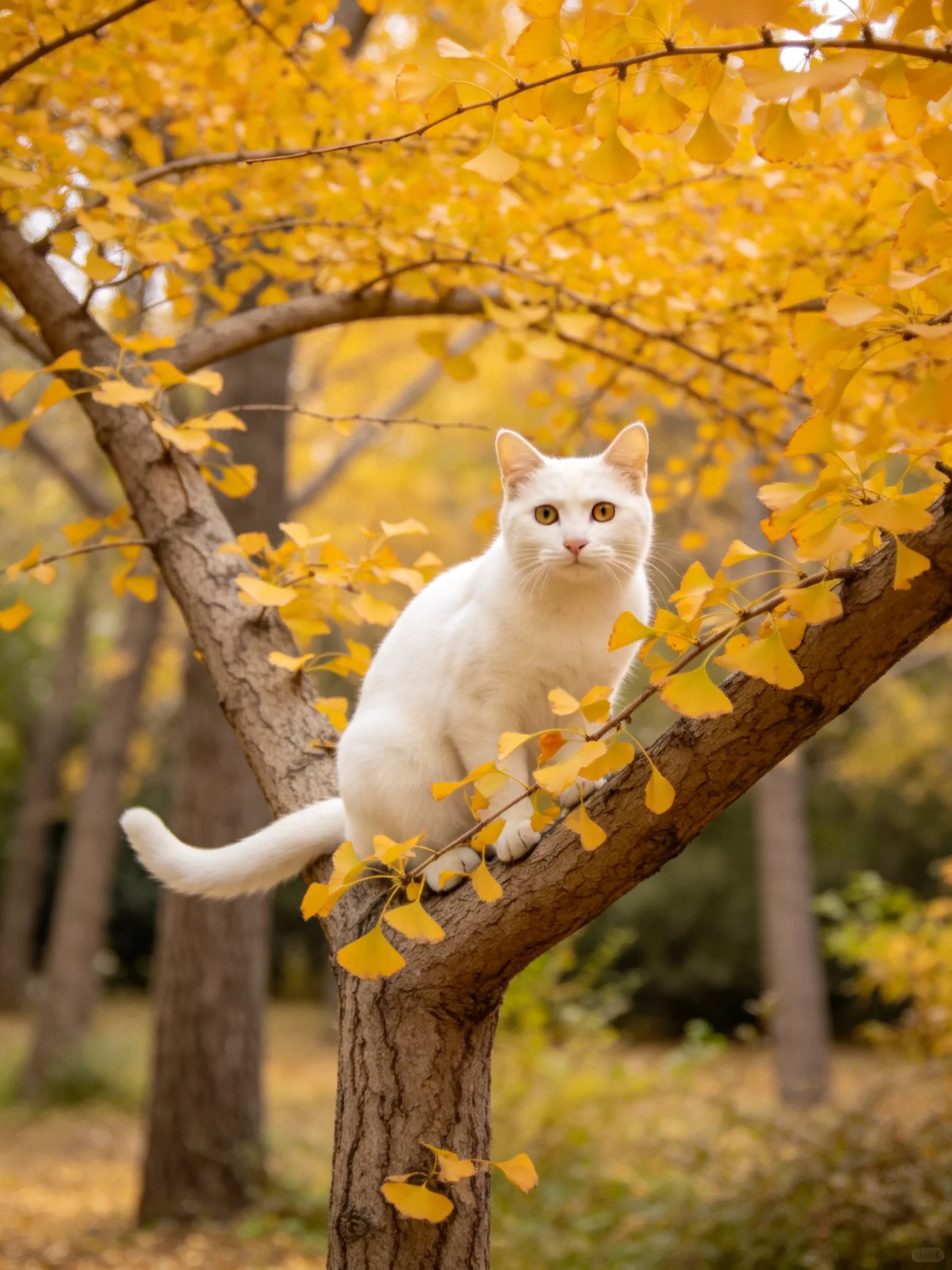 A white cat rests on a ginkgo tree branch amid golden autumn leaves.