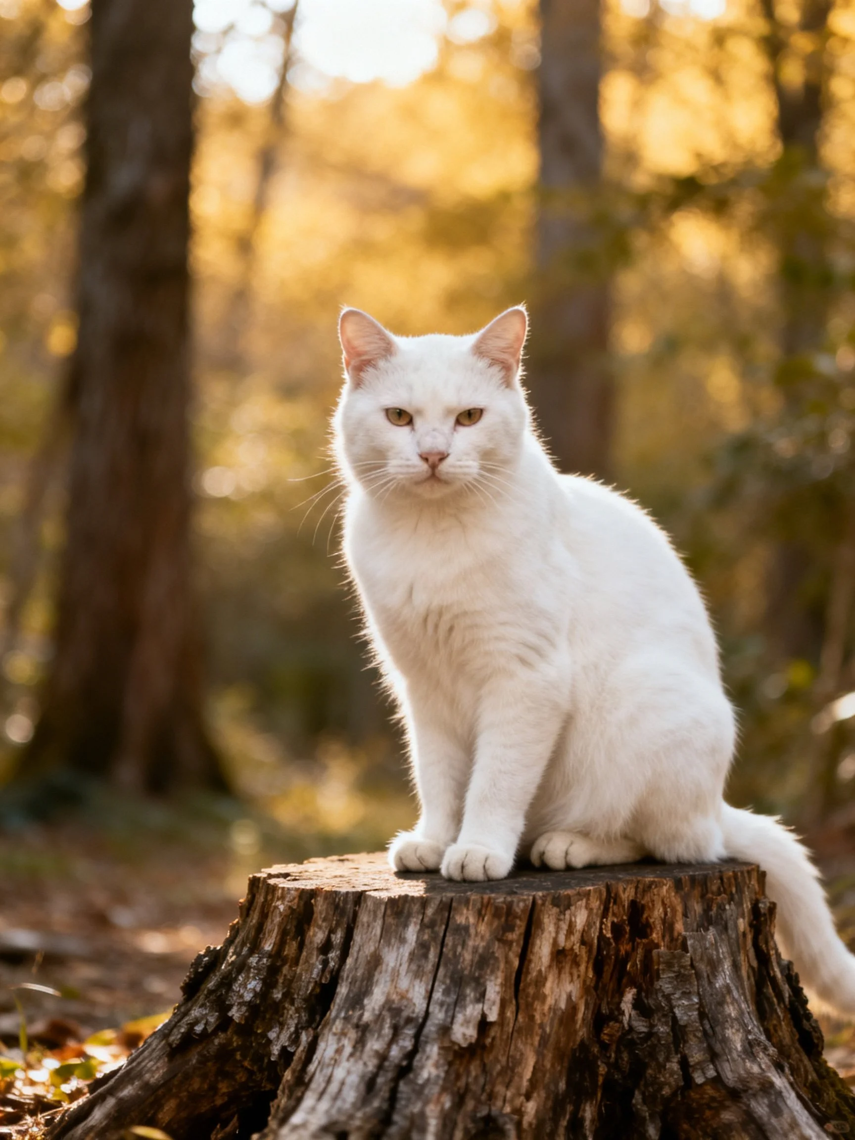 A white cat sits atop a tree stump in a sun-dappled forest.