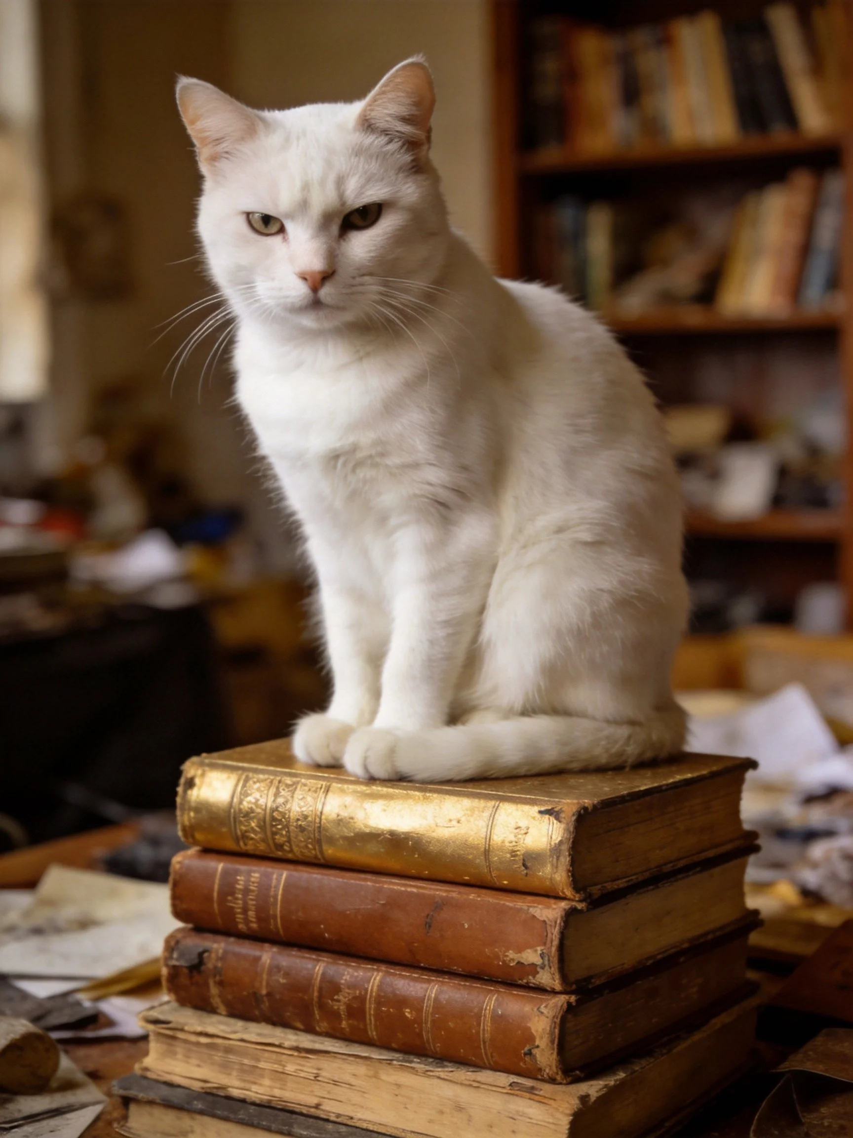 A white cat sits atop a stack of vintage books in a cozy, book-filled space.
