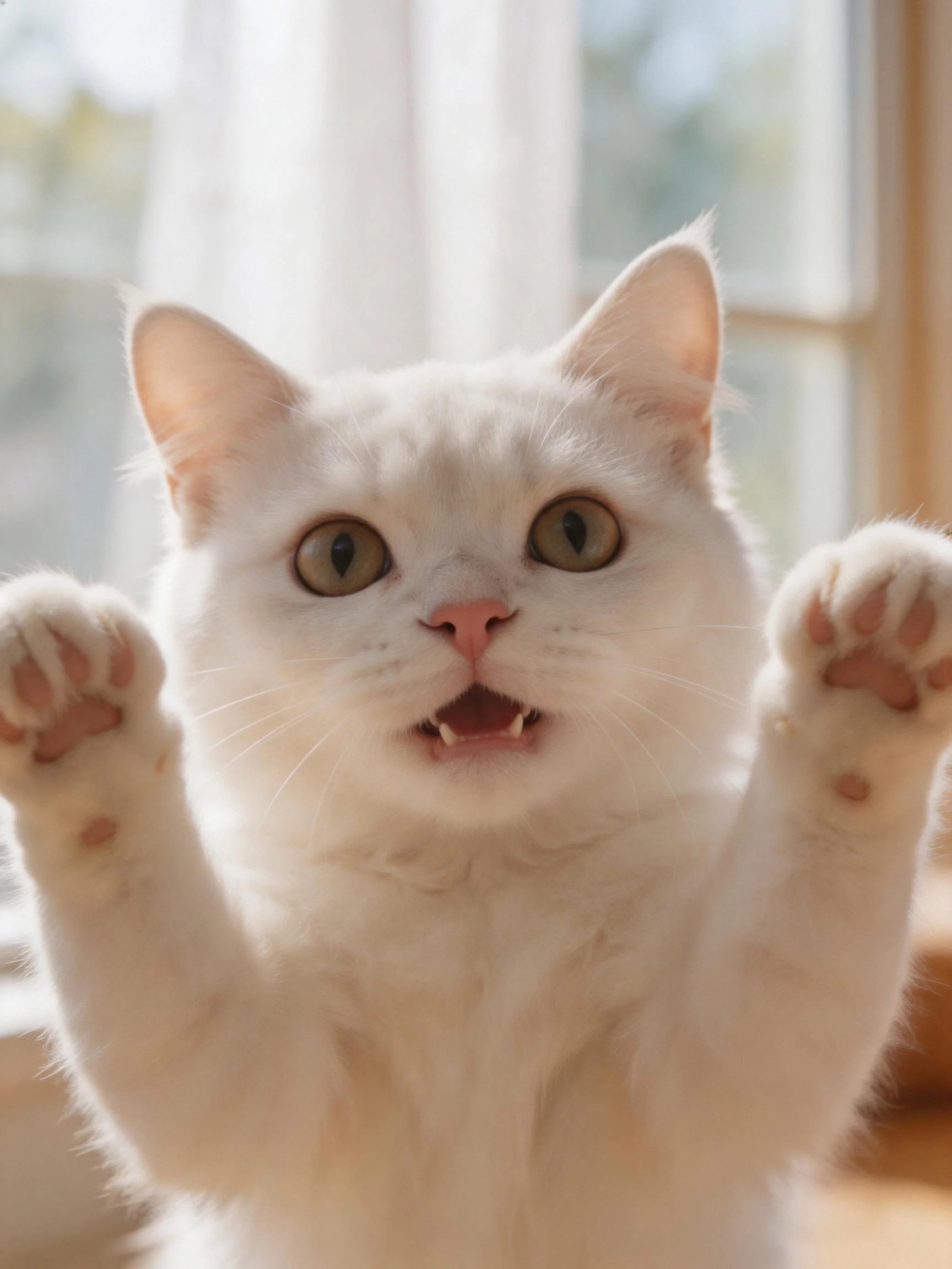 A white cat raises front paws near a sunlit window