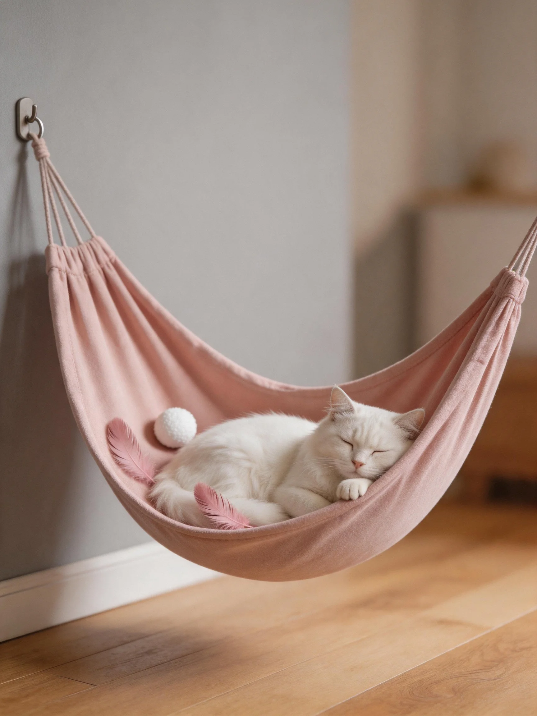A white cat rests peacefully in a pink hanging hammock.
