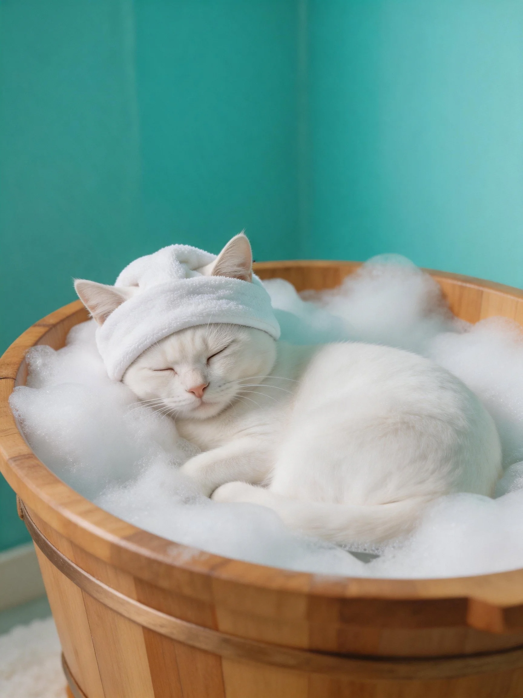 A white cat relaxes in a wooden tub filled with bubbles against a teal wall