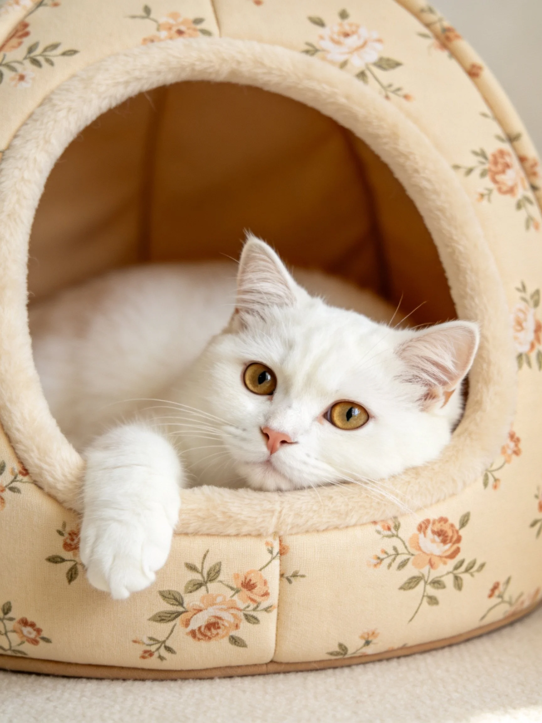 A white cat relaxes in a cozy, flower-decorated pet bed