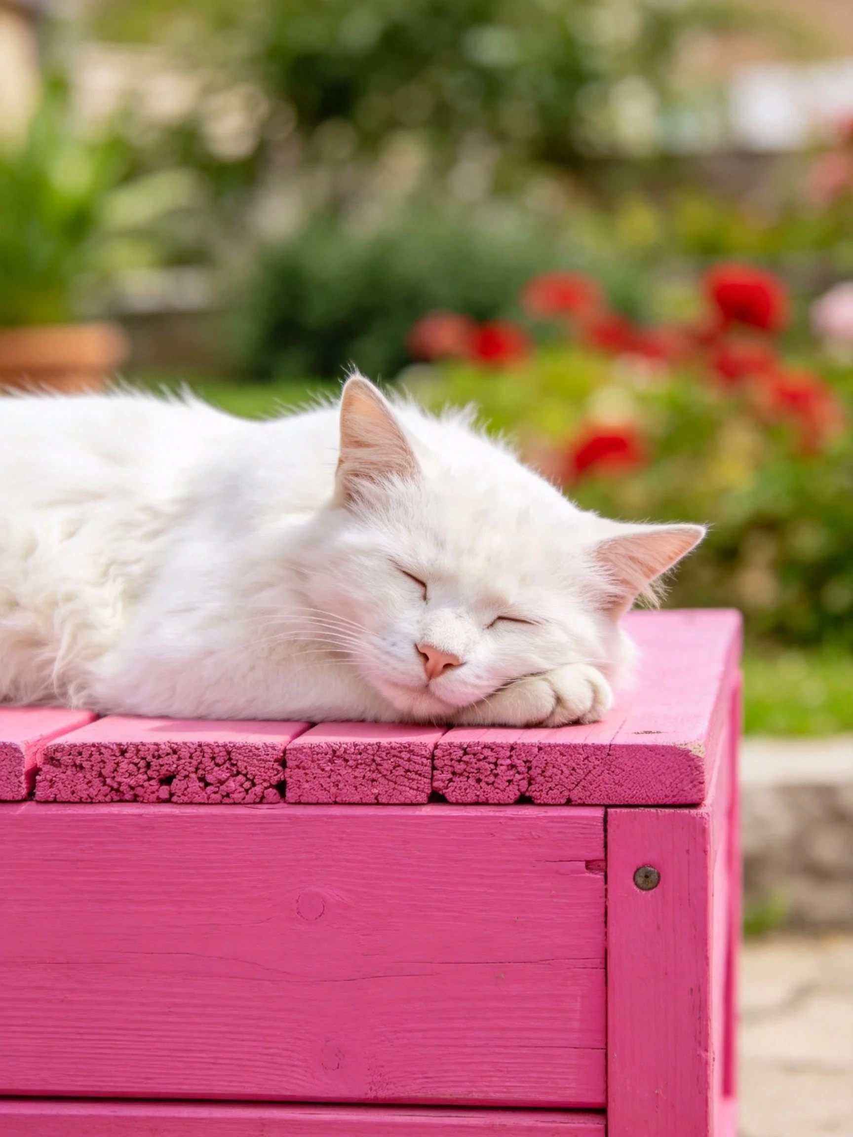 A white cat sleeps on a pink wooden box in a garden.