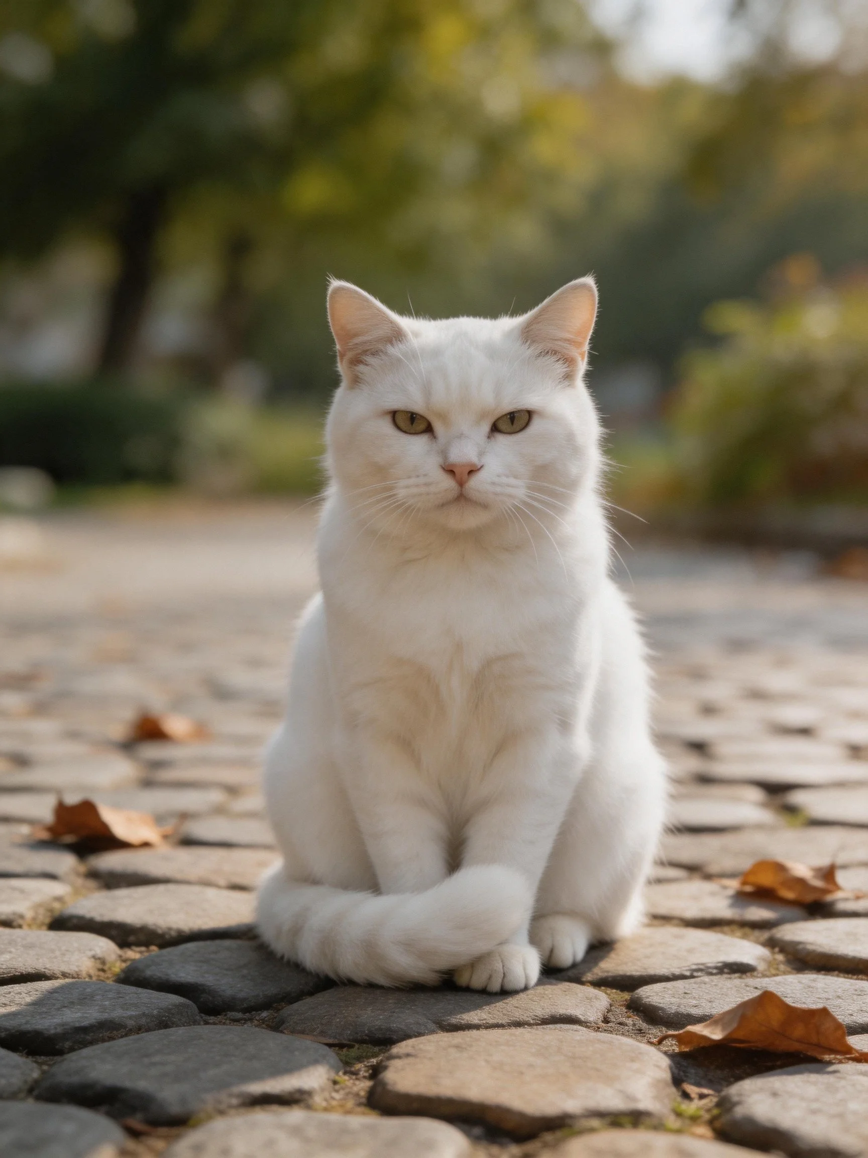 A white cat rests calmly on a cobblestone path near autumn leaves.