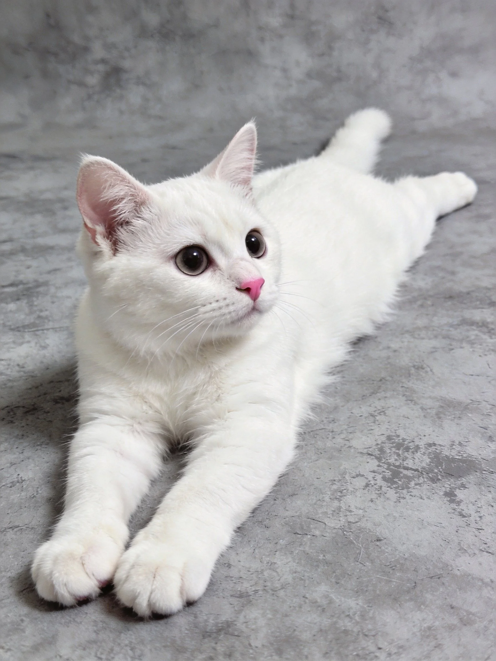 A white cat lies calmly on a textured gray surface.