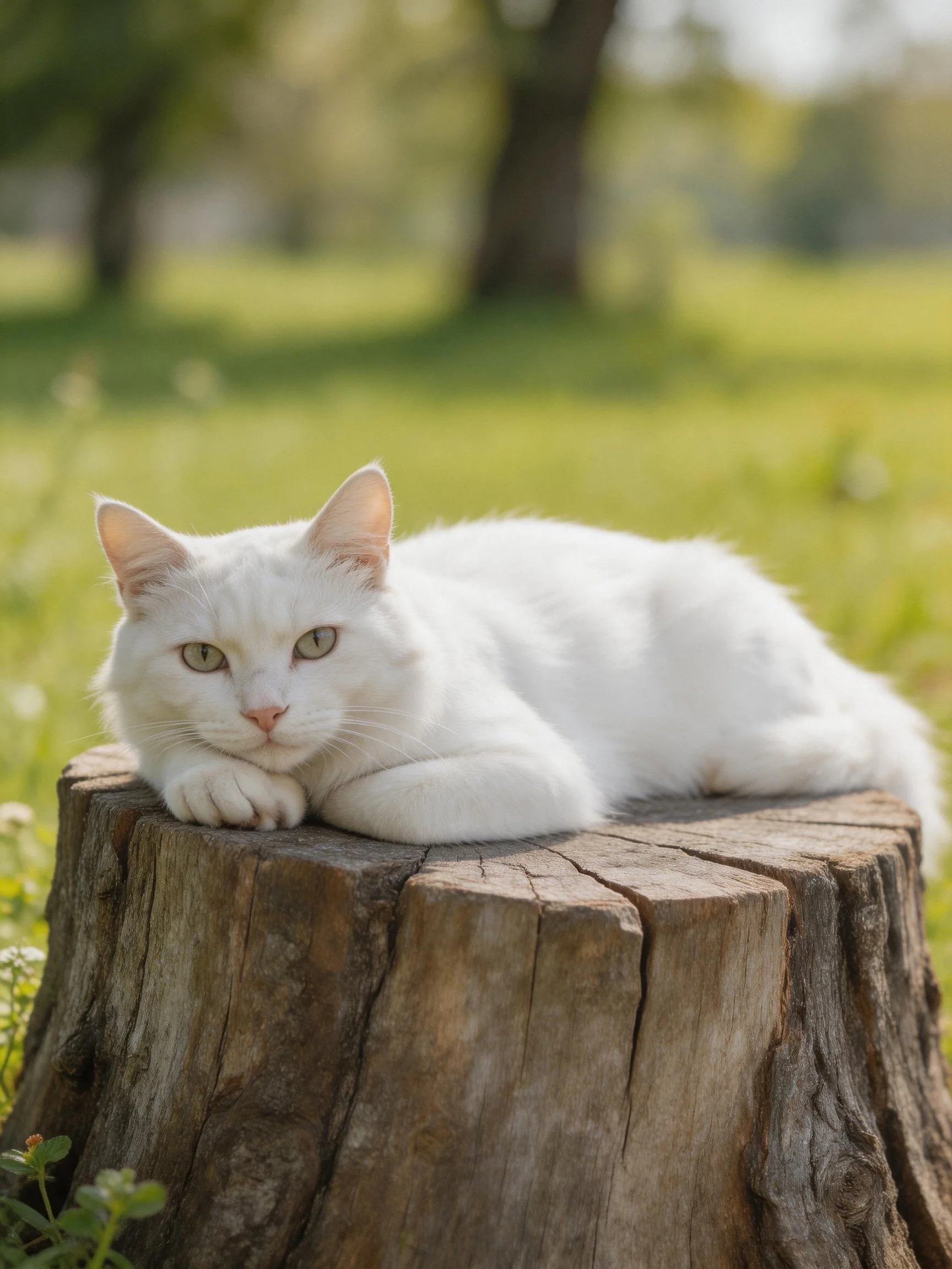 A white cat relaxes on a tree stump in a sunlit, grassy outdoor setting.