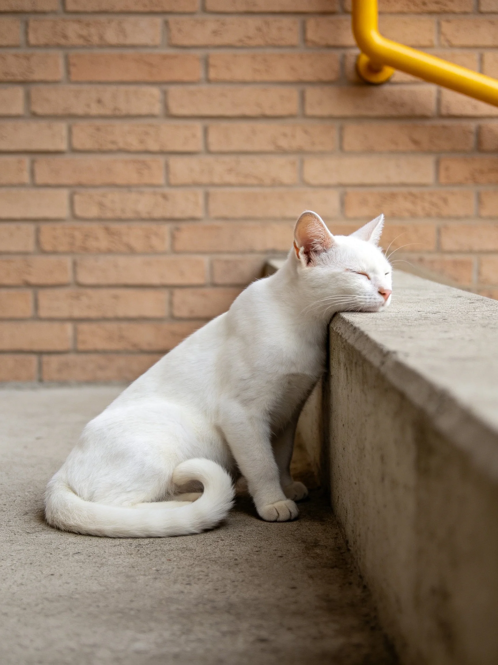 A white cat rests against a concrete ledge near a brick wall