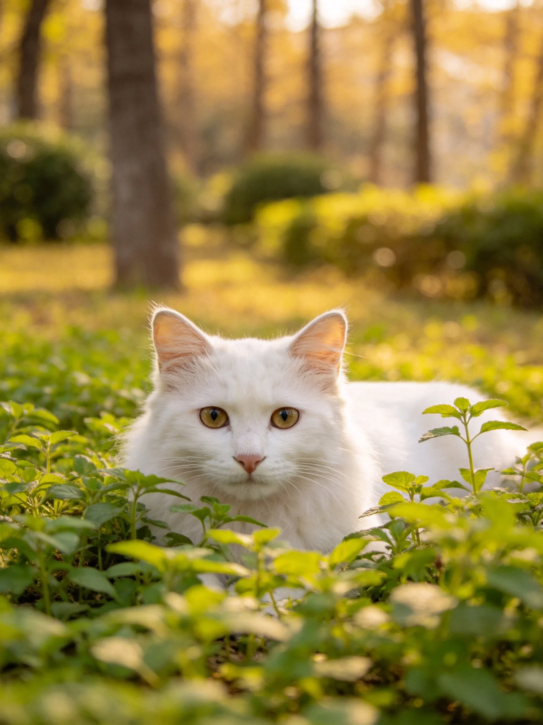 A white cat lies among greenery in a sunlit forest setting.