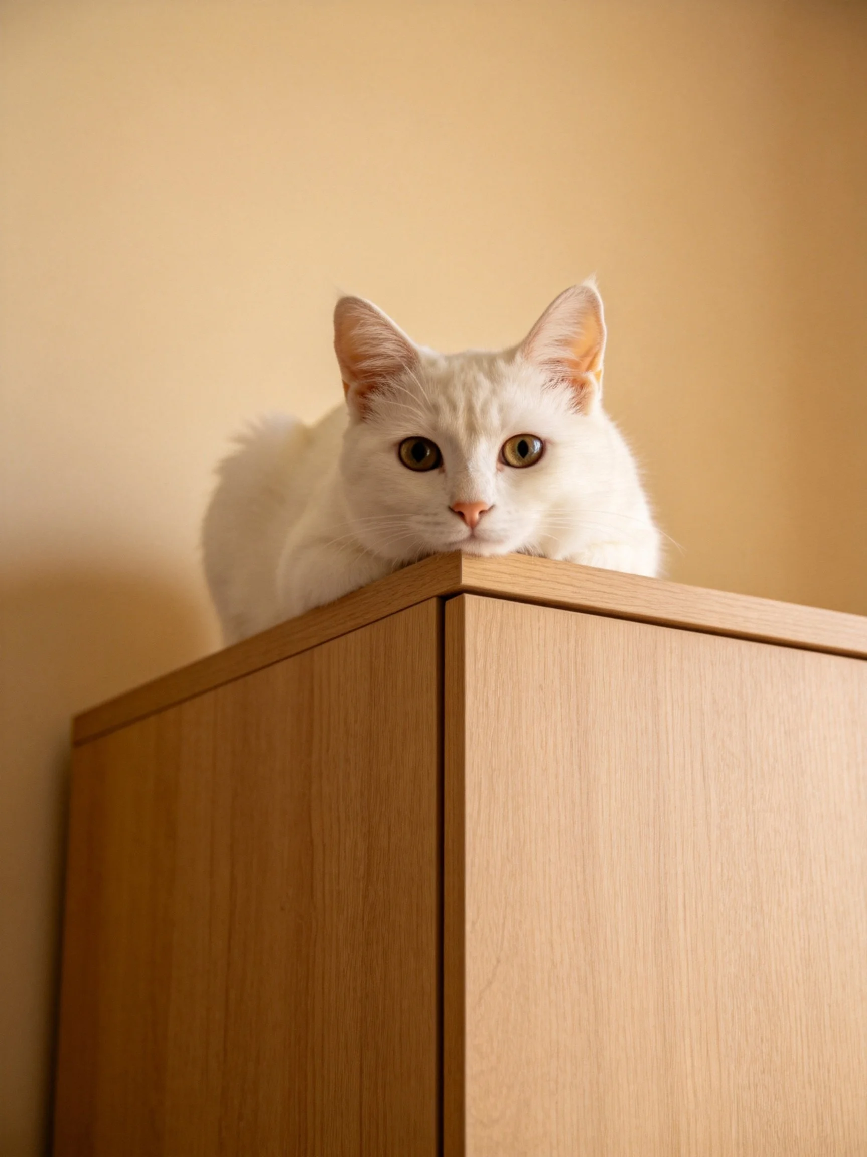 A white cat sits on the edge of a light brown wooden cabinet