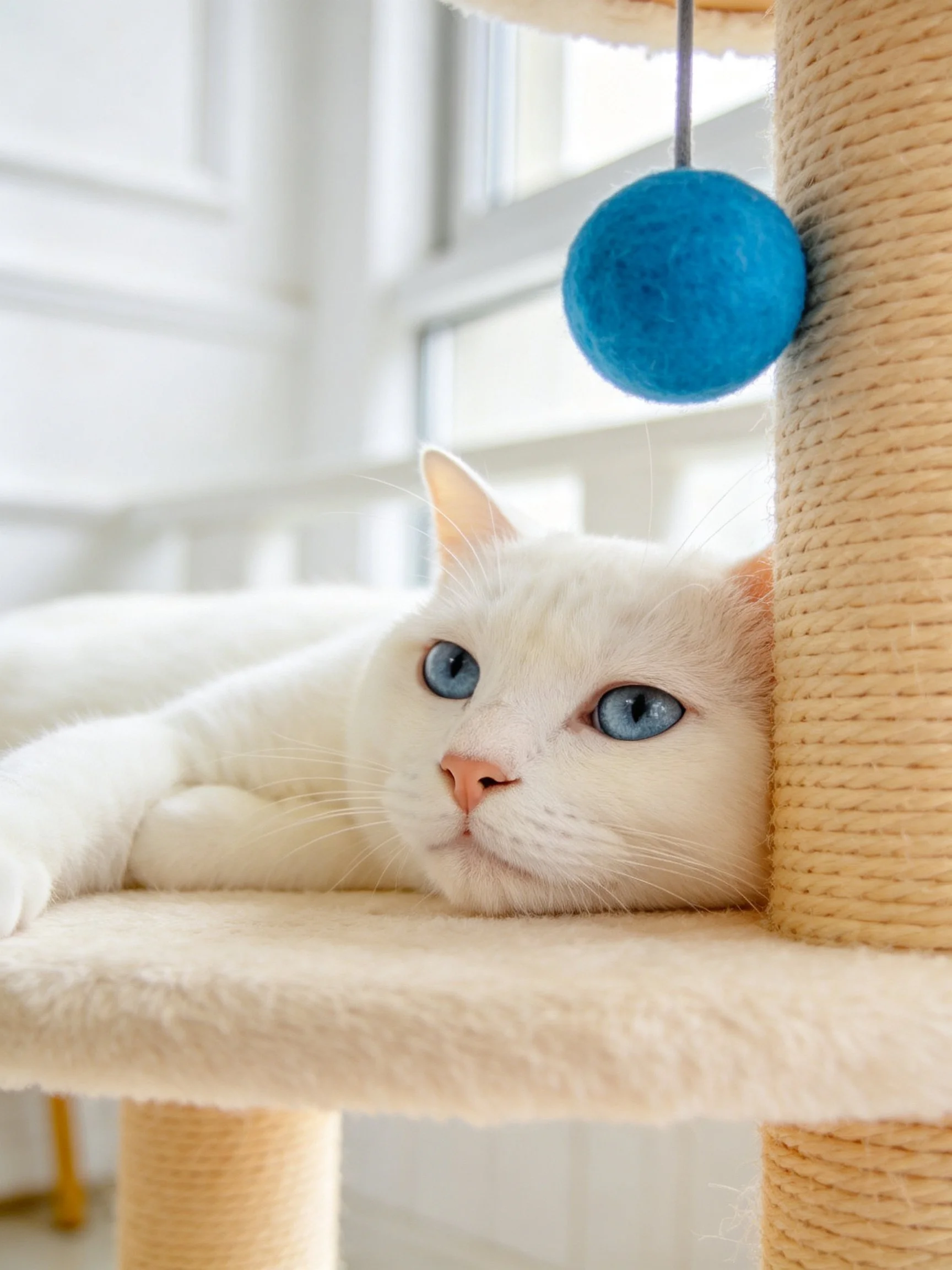 A white cat relaxes next to a beige scratching post with a blue toy near a window.