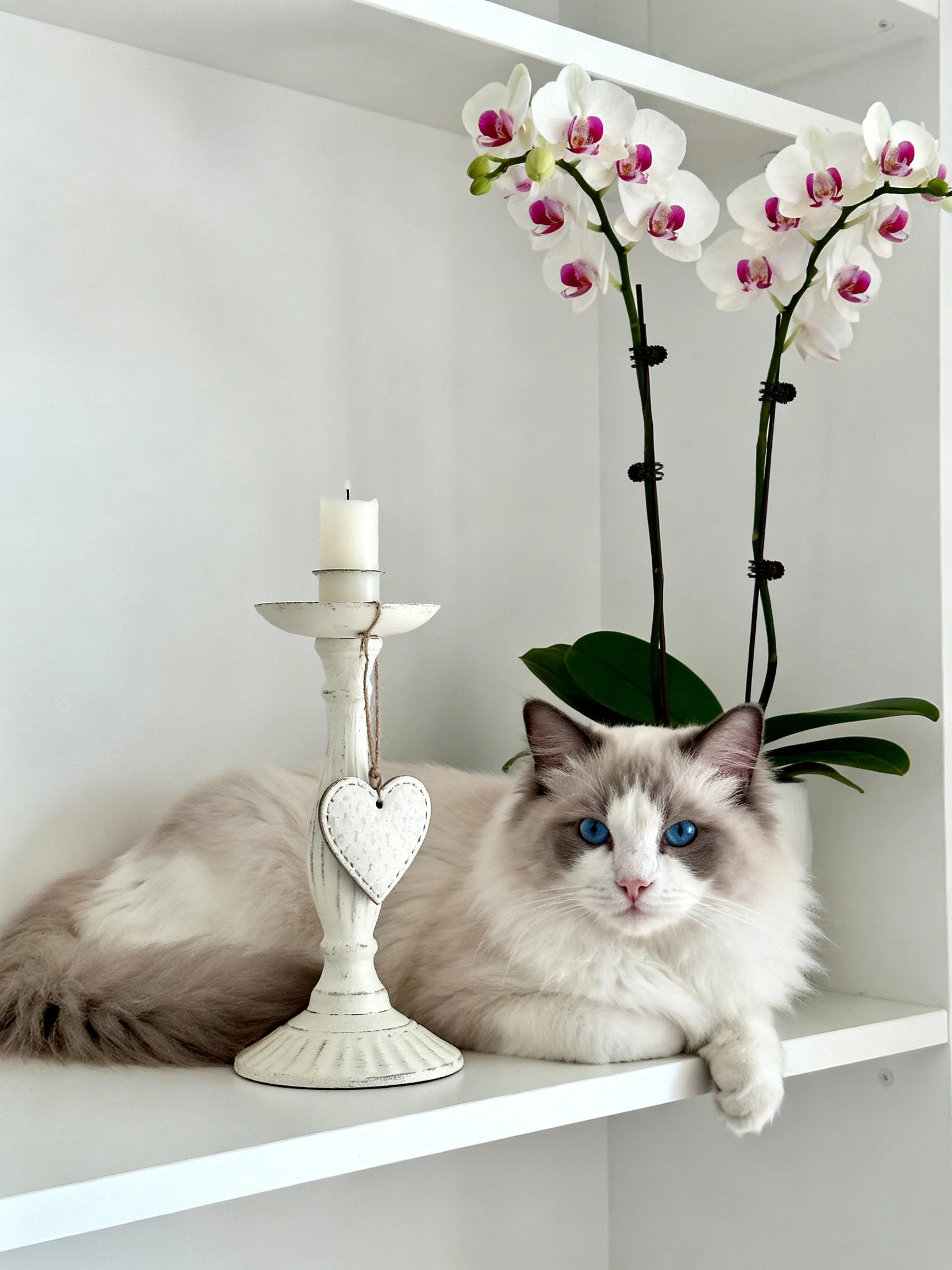 A white cat relaxes on a shelf next to pink-and-white orchids and a heart-decorated candlestick.