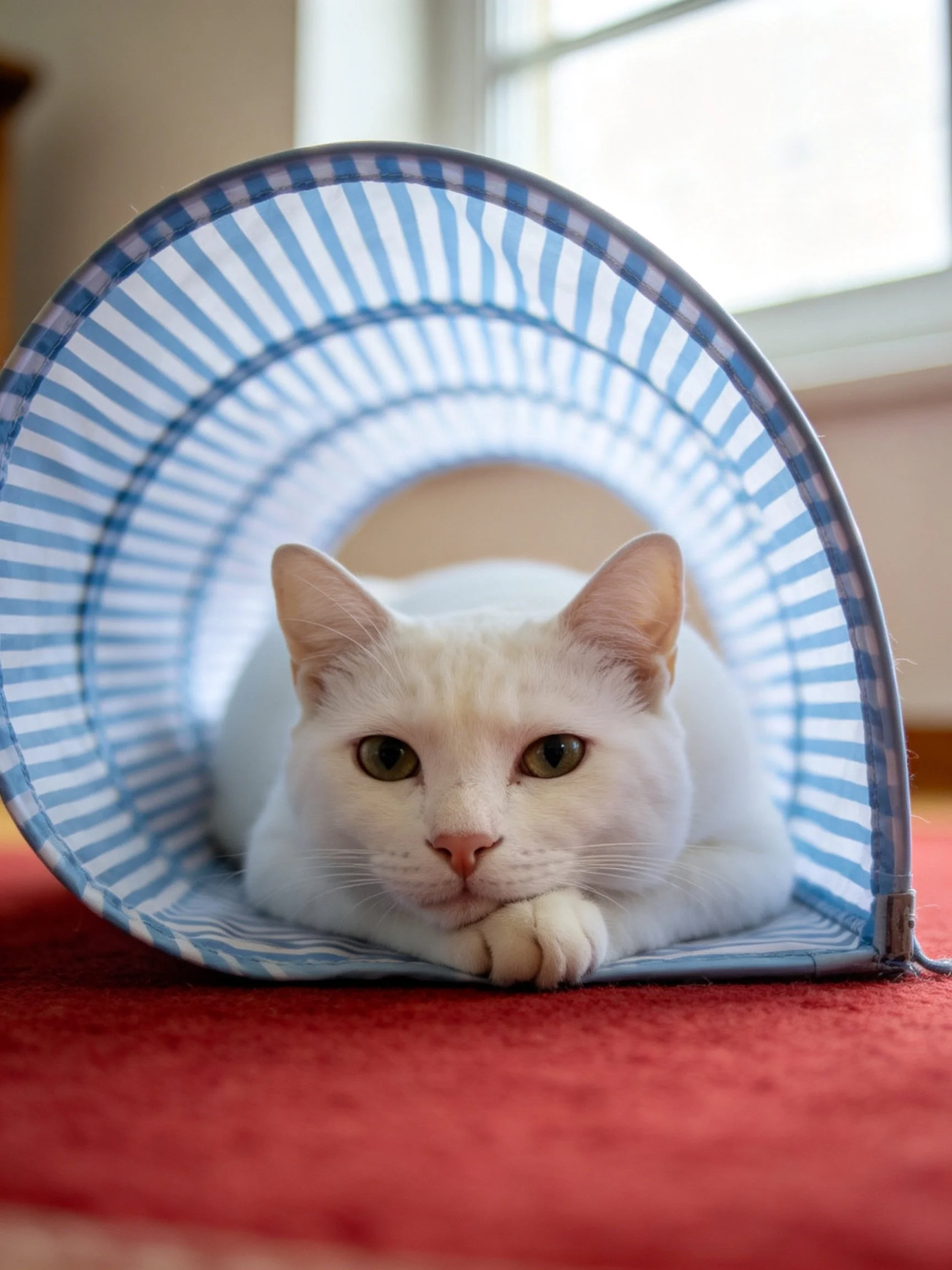 A white cat rests inside a blue - striped fabric tunnel on a red carpet