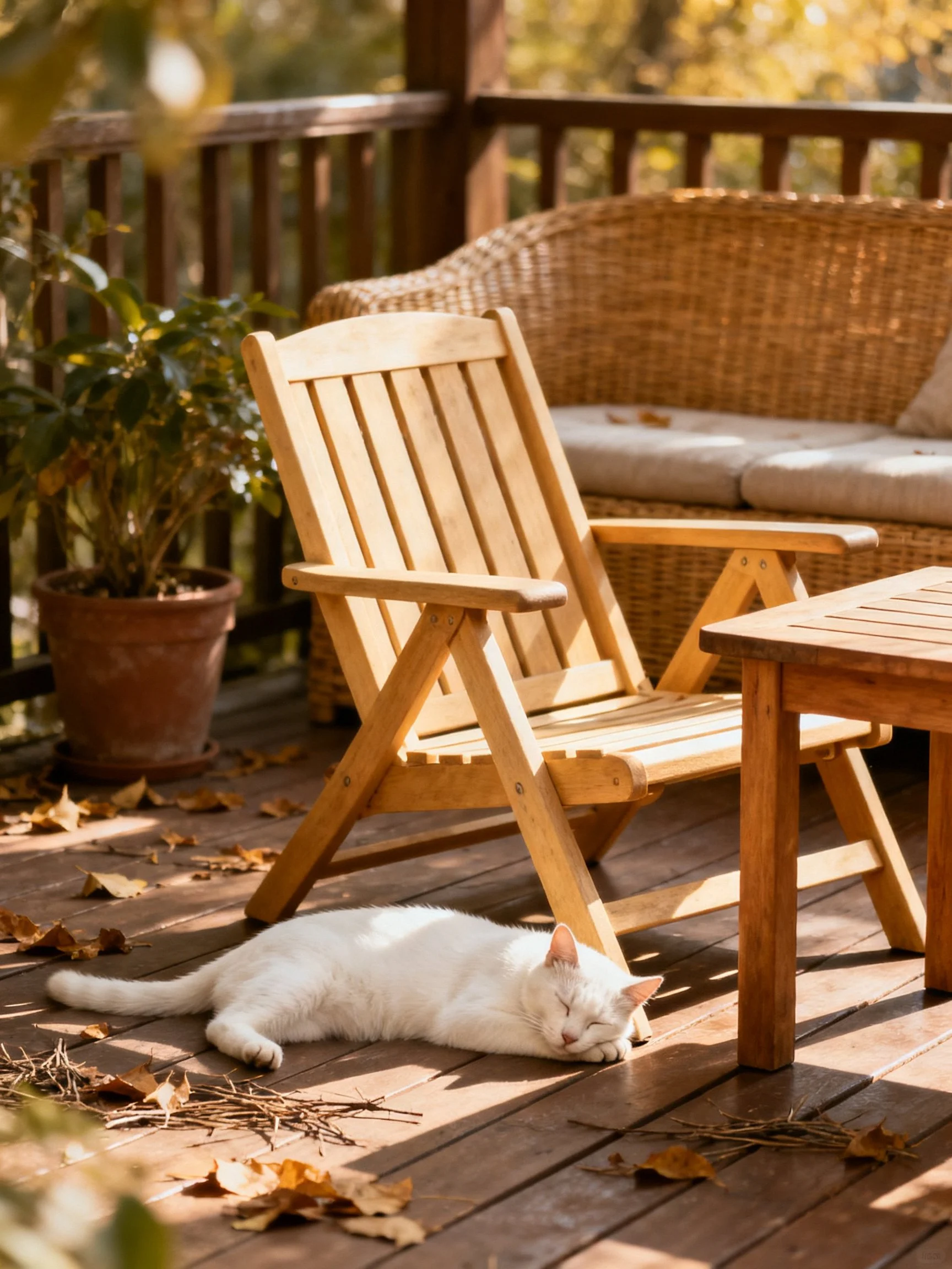A white cat sleeps amid wooden patio furniture and scattered autumn leaves.