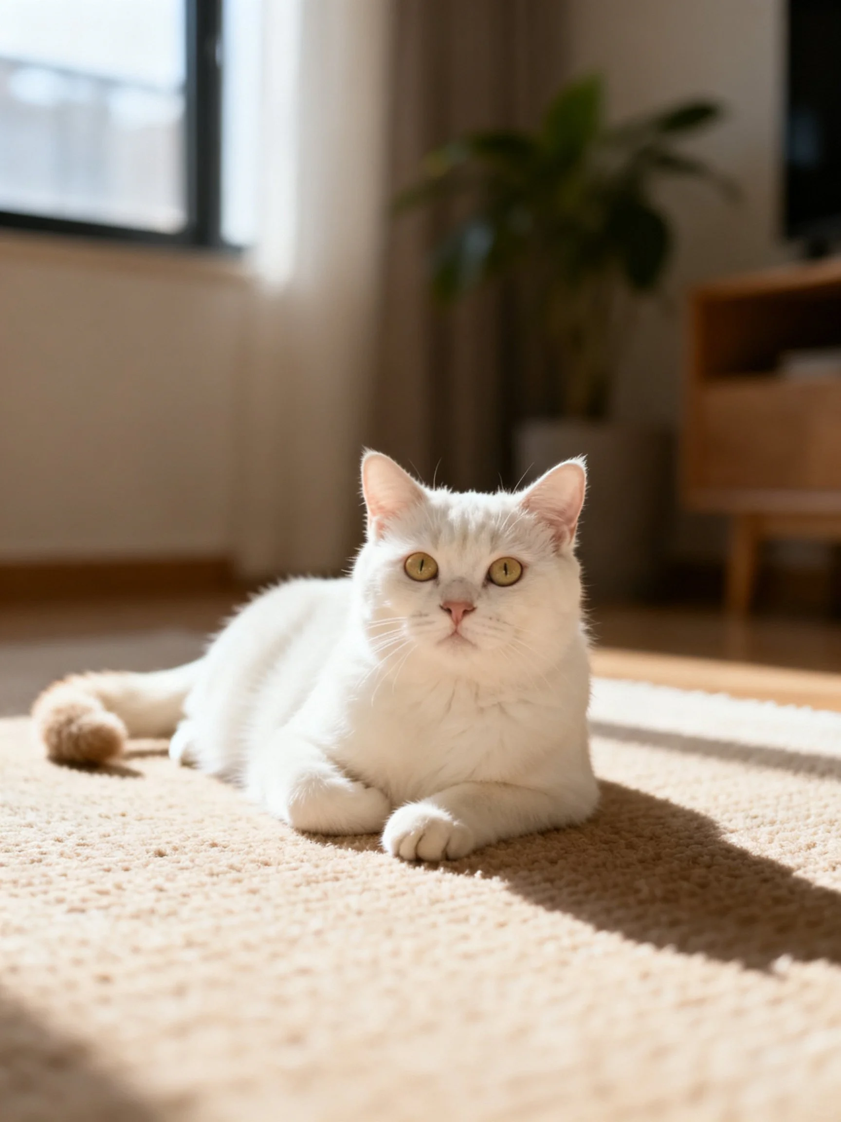 A white cat rests on a beige rug in a sunlit room