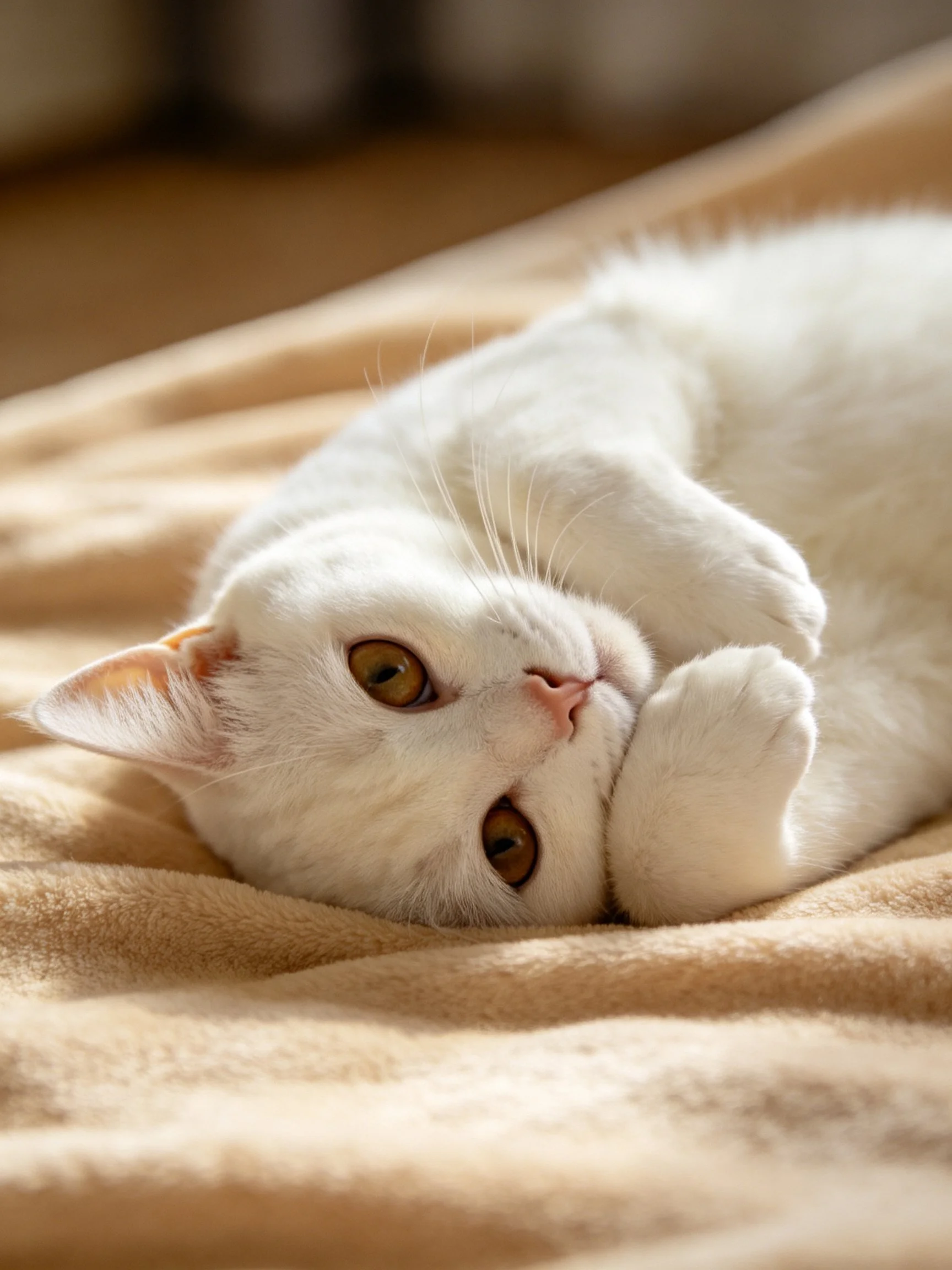 A white cat relaxes on a beige blanket in a sunlit area